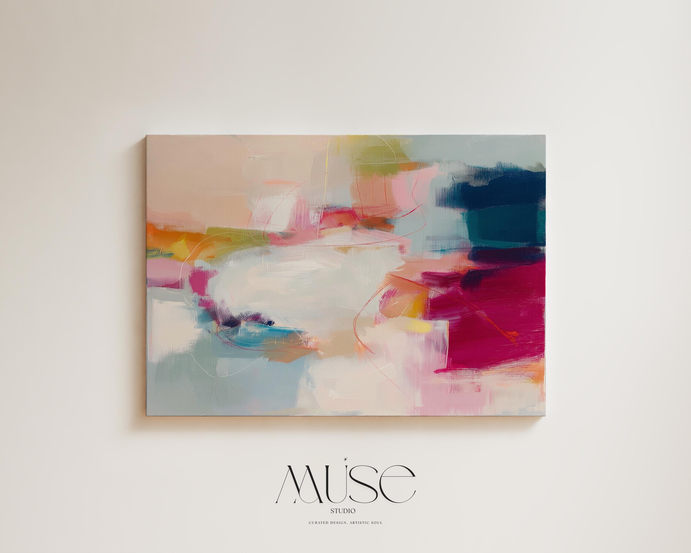 Horizontal abstract canvas artwork in shades of blush pink, soft gold, and muted blue with painterly layers and gentle movement. Ideal for Soft Contemporary interiors, this design brings calm vibrancy to living rooms, offices, or curated spaces. Printed on archival cotton-blend canvas and hand-stretched for a gallery-quality finish with modern appeal.