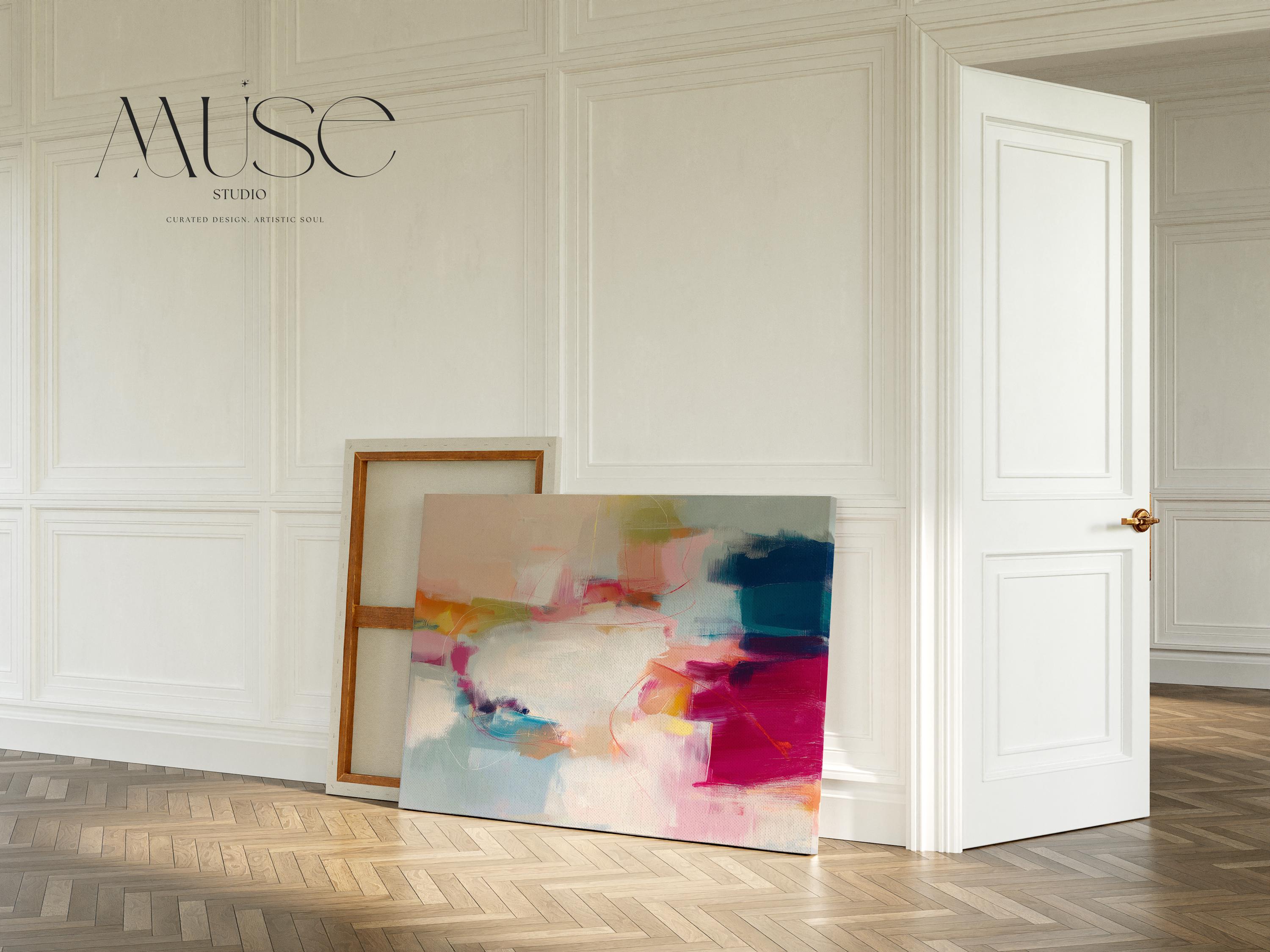 Horizontal abstract canvas artwork in shades of blush pink, soft gold, and muted blue with painterly layers and gentle movement. Ideal for Soft Contemporary interiors, this design brings calm vibrancy to living rooms, offices, or curated spaces. Printed on archival cotton-blend canvas and hand-stretched for a gallery-quality finish with modern appeal.