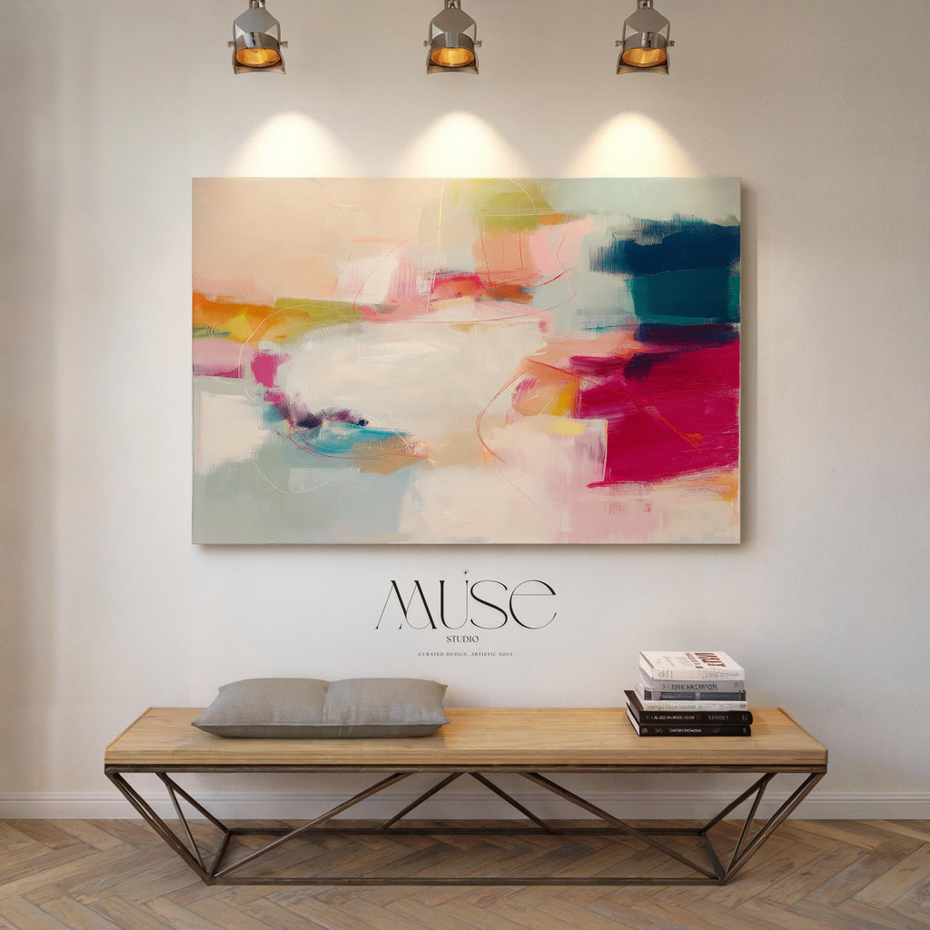 Horizontal abstract canvas artwork in shades of blush pink, soft gold, and muted blue with painterly layers and gentle movement. Ideal for Soft Contemporary interiors, this design brings calm vibrancy to living rooms, offices, or curated spaces. Printed on archival cotton-blend canvas and hand-stretched for a gallery-quality finish with modern appeal.