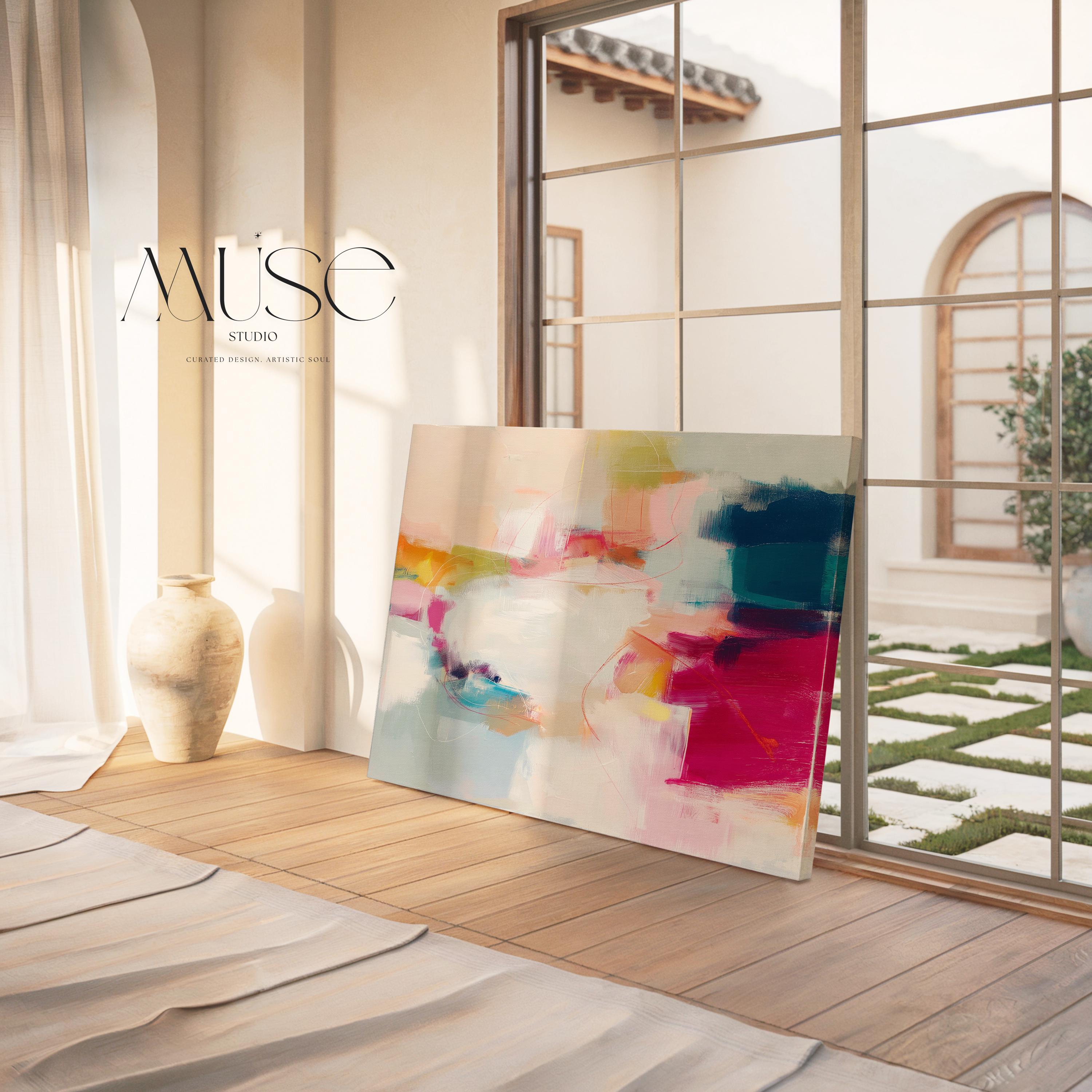 Horizontal abstract canvas artwork in shades of blush pink, soft gold, and muted blue with painterly layers and gentle movement. Ideal for Soft Contemporary interiors, this design brings calm vibrancy to living rooms, offices, or curated spaces. Printed on archival cotton-blend canvas and hand-stretched for a gallery-quality finish with modern appeal.