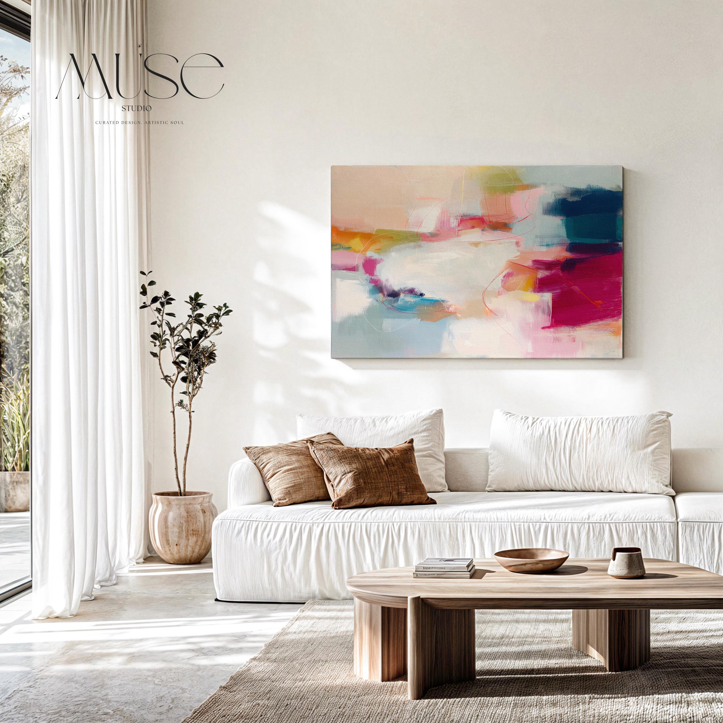 Horizontal abstract canvas artwork in shades of blush pink, soft gold, and muted blue with painterly layers and gentle movement. Ideal for Soft Contemporary interiors, this design brings calm vibrancy to living rooms, offices, or curated spaces. Printed on archival cotton-blend canvas and hand-stretched for a gallery-quality finish with modern appeal.