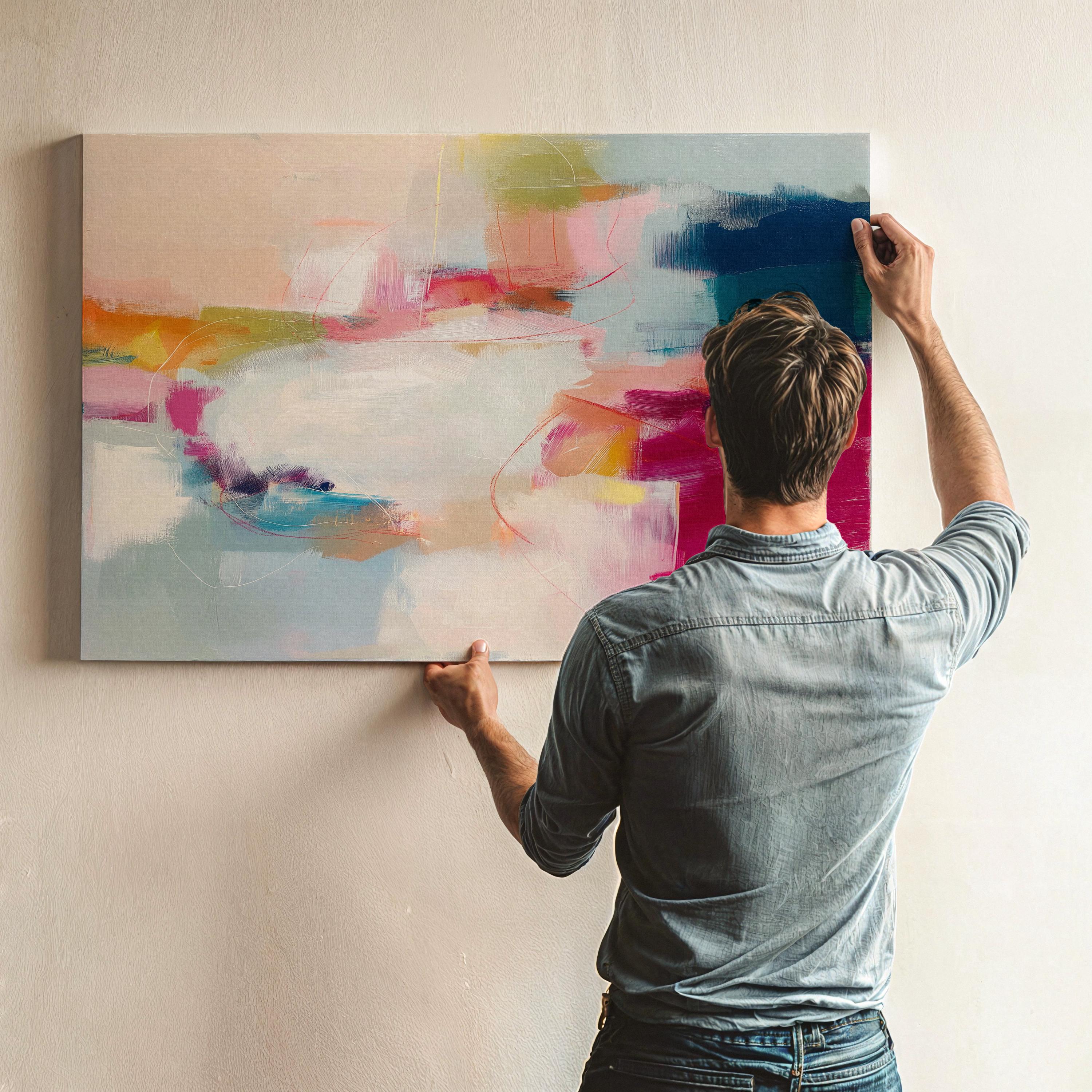 Horizontal abstract canvas artwork in shades of blush pink, soft gold, and muted blue with painterly layers and gentle movement. Ideal for Soft Contemporary interiors, this design brings calm vibrancy to living rooms, offices, or curated spaces. Printed on archival cotton-blend canvas and hand-stretched for a gallery-quality finish with modern appeal.