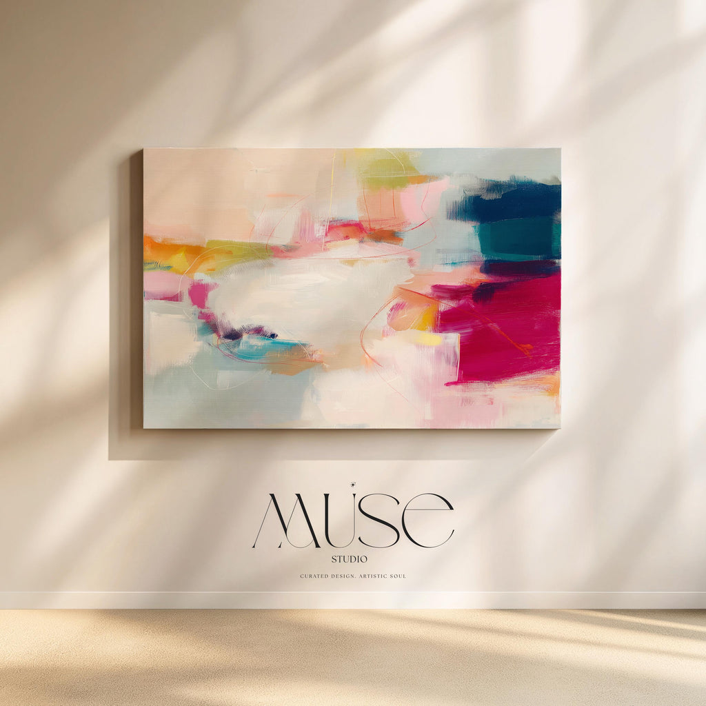 Horizontal abstract canvas artwork in shades of blush pink, soft gold, and muted blue with painterly layers and gentle movement. Ideal for Soft Contemporary interiors, this design brings calm vibrancy to living rooms, offices, or curated spaces. Printed on archival cotton-blend canvas and hand-stretched for a gallery-quality finish with modern appeal.
