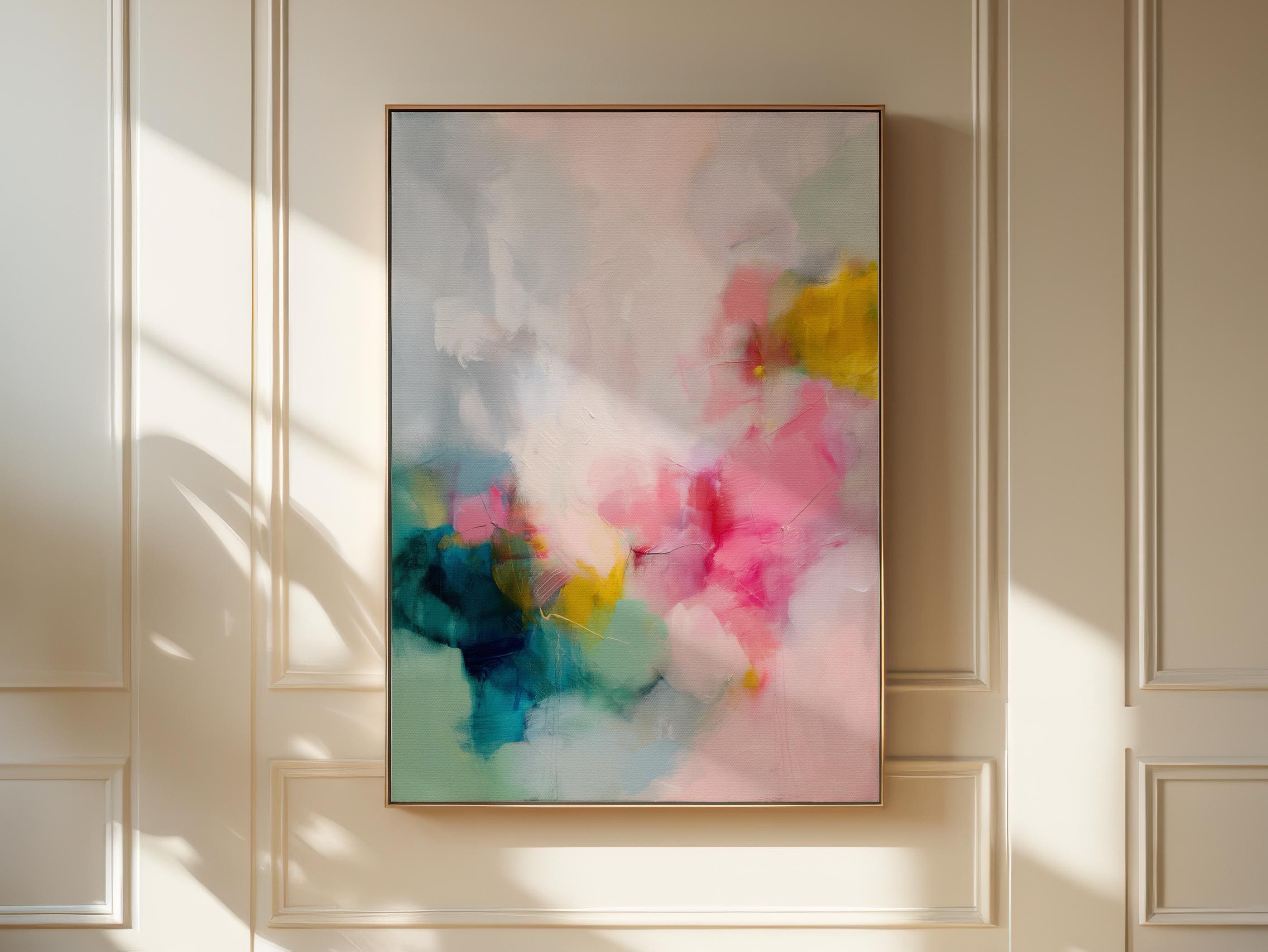 Vertical colorful abstract wall art featuring coral, indigo, and soft yellow tones in a Scandinavian-inspired contemporary style. Perfect for modern living rooms or minimalist interiors. Available as framed canvas or gallery-wrapped giclée wall art by Muse Studio.