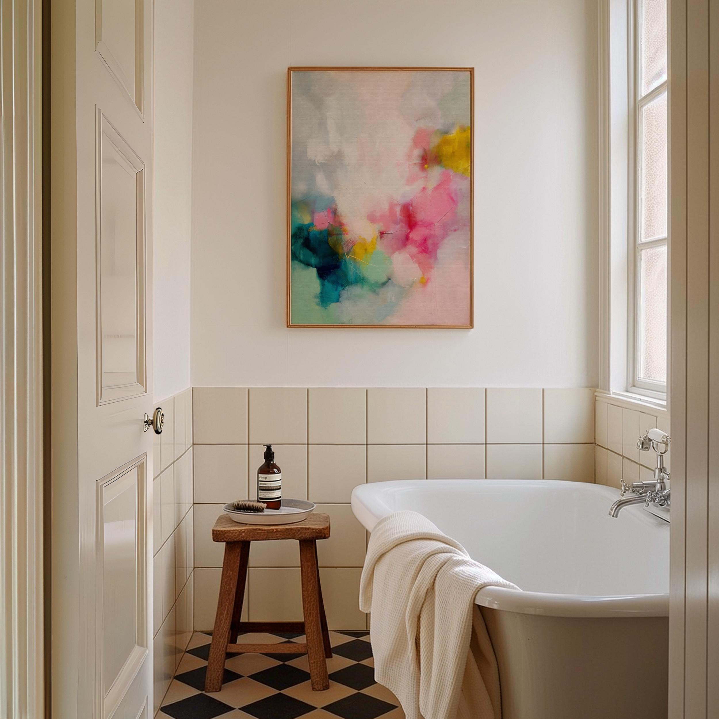 Vertical colorful abstract wall art featuring coral, indigo, and soft yellow tones in a Scandinavian-inspired contemporary style. Perfect for modern living rooms or minimalist interiors. Available as framed canvas or gallery-wrapped giclée wall art by Muse Studio.