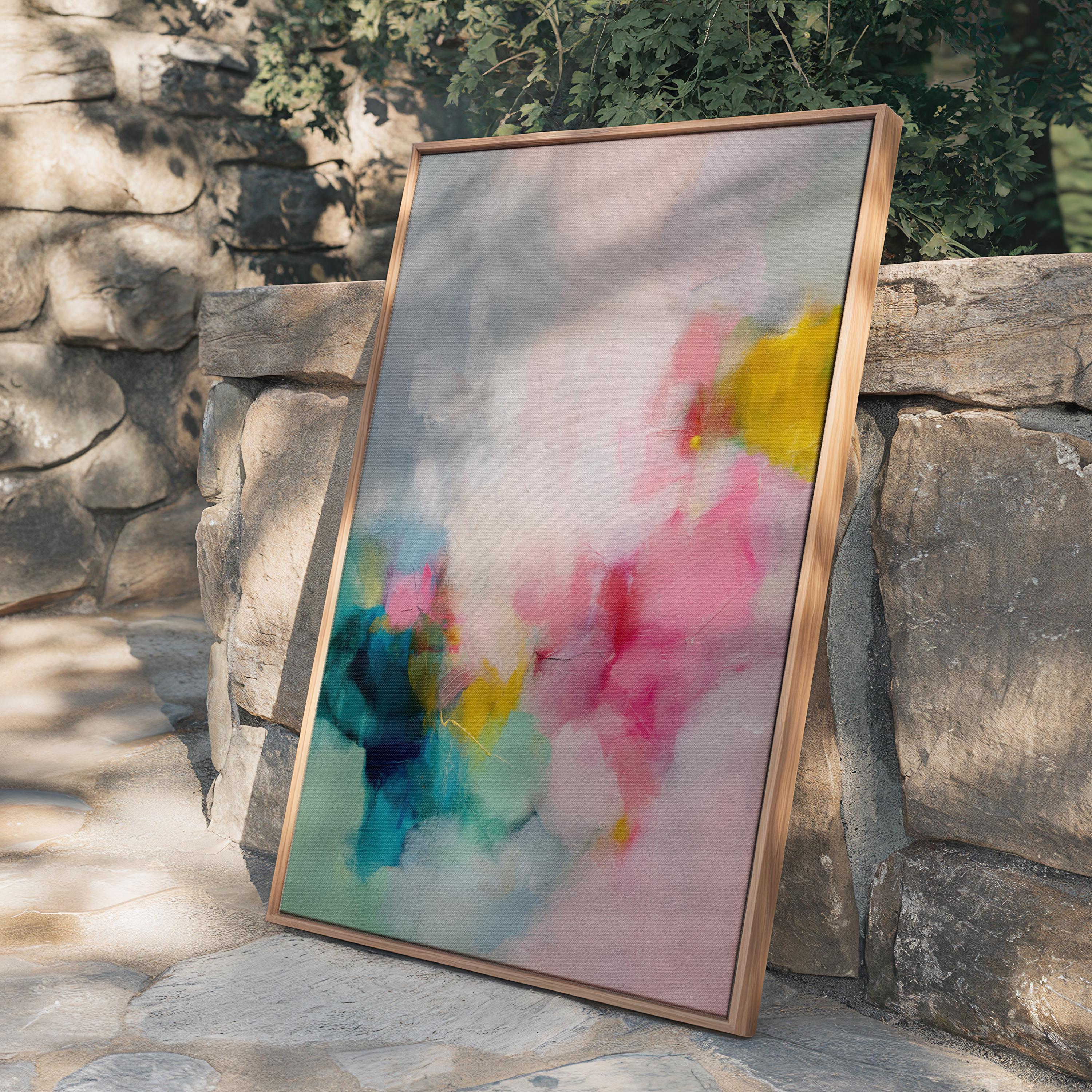 Vertical colorful abstract wall art featuring coral, indigo, and soft yellow tones in a Scandinavian-inspired contemporary style. Perfect for modern living rooms or minimalist interiors. Available as framed canvas or gallery-wrapped giclée wall art by Muse Studio.