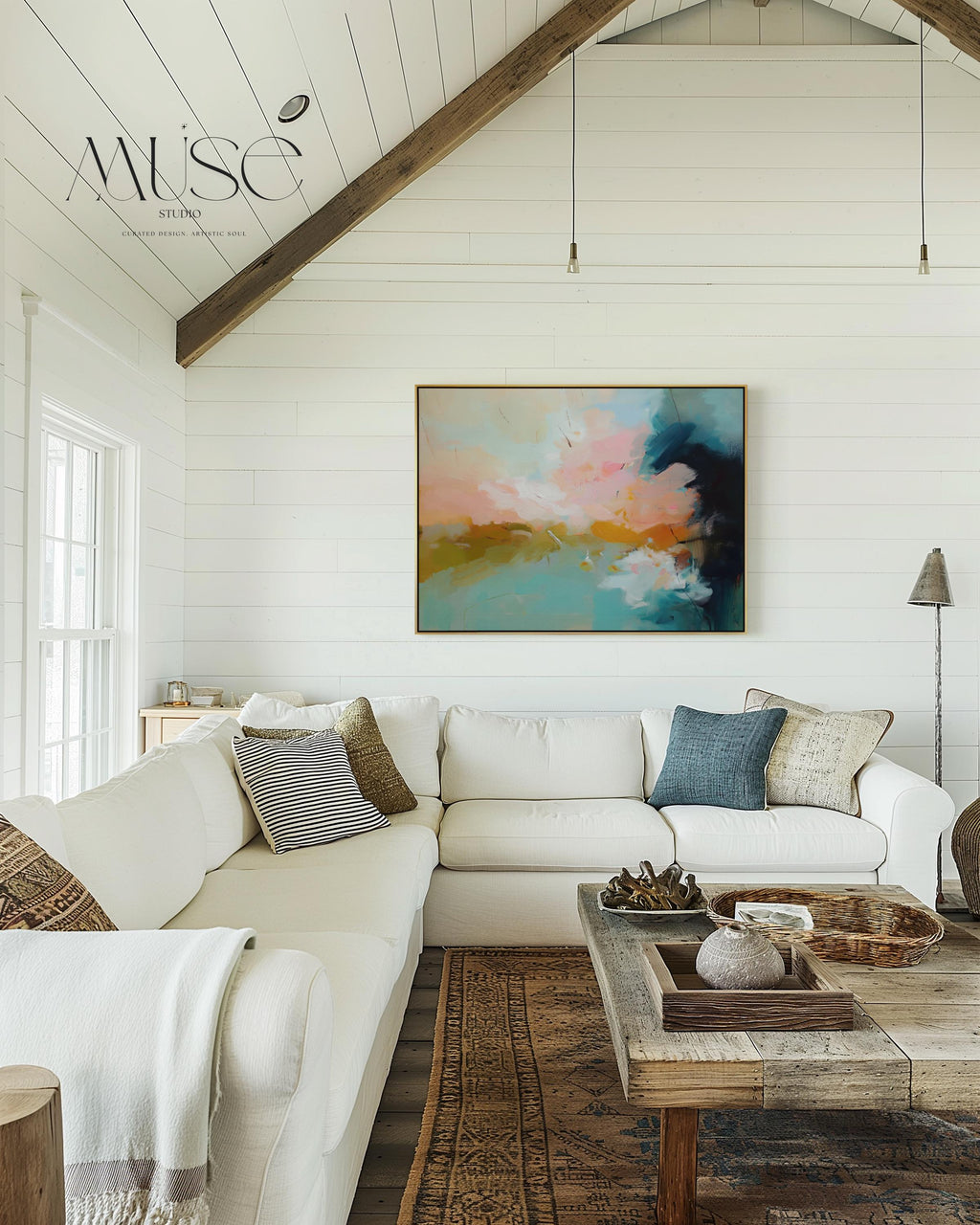 Horizontal framed abstract artwork featuring soft turquoise, peach, and gold tones inspired by ocean horizons. Ideal for Coastal Horizon interiors, this piece brings calm energy and warmth to living rooms, beach houses, or modern spaces. Printed on archival cotton-blend canvas, hand-stretched, and framed in natural wood for a refined, gallery-quality finish.