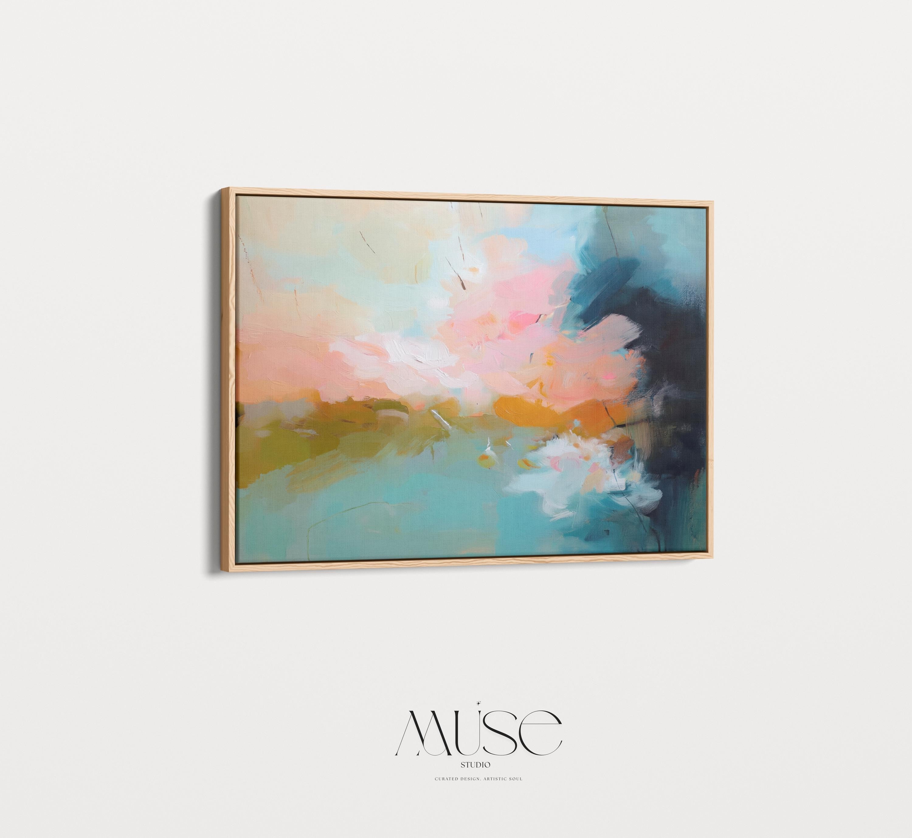 Horizontal framed abstract artwork featuring soft turquoise, peach, and gold tones inspired by ocean horizons. Ideal for Coastal Horizon interiors, this piece brings calm energy and warmth to living rooms, beach houses, or modern spaces. Printed on archival cotton-blend canvas, hand-stretched, and framed in natural wood for a refined, gallery-quality finish.