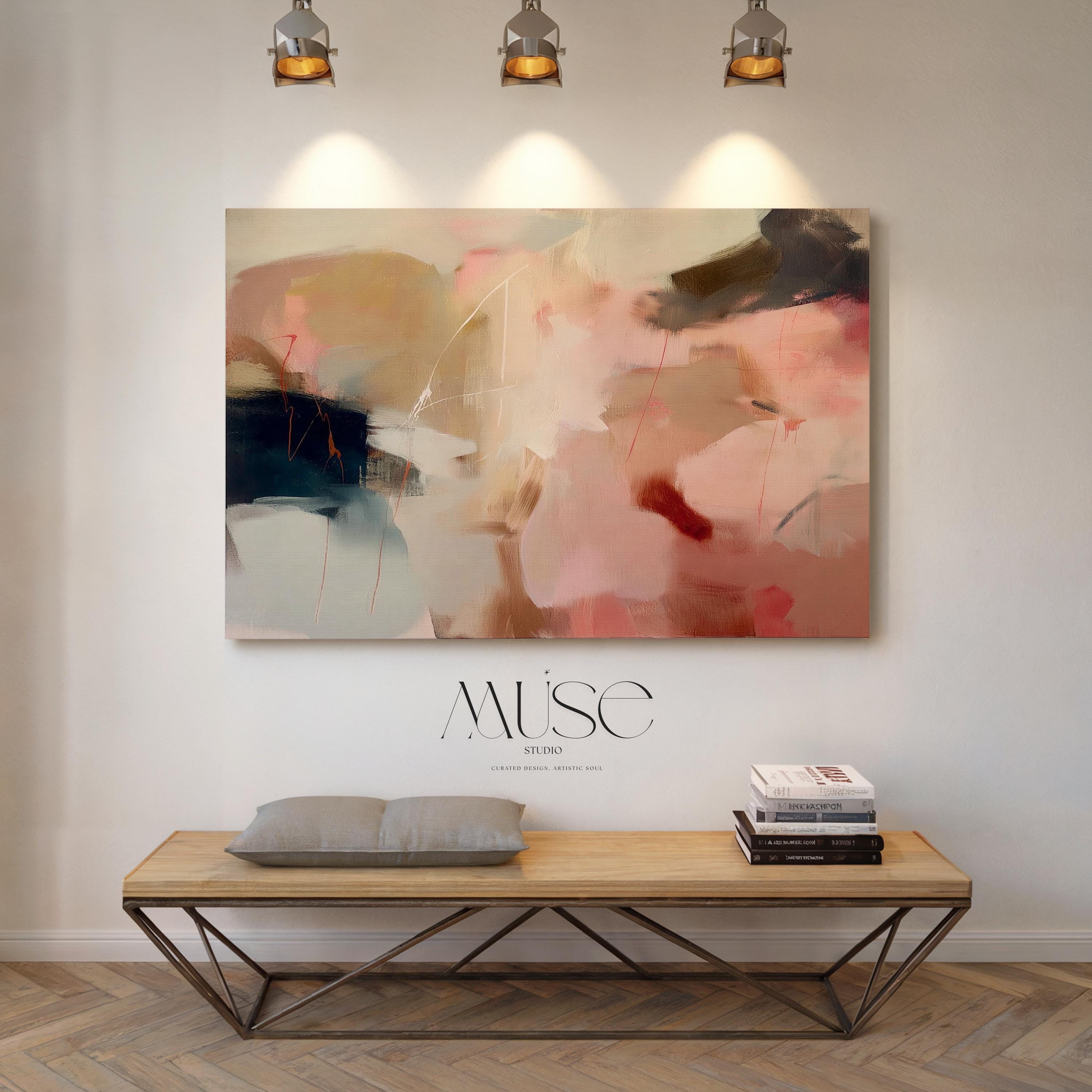 Horizontal limited edition wall art featuring a soft blend of blush pink, taupe, mocha brown, and muted navy tones in a gentle abstract composition. Designed in a soft contemporary style, this artwork adds warmth and refinement to living rooms, bedrooms, or transitional interiors. Part of Muse Studio’s Limited Edition Collection — limited to 200 editions worldwide. Available as gallery-wrapped canvas, framed canvas, or fine art poster print on Hahnemühle cold pressed paper.