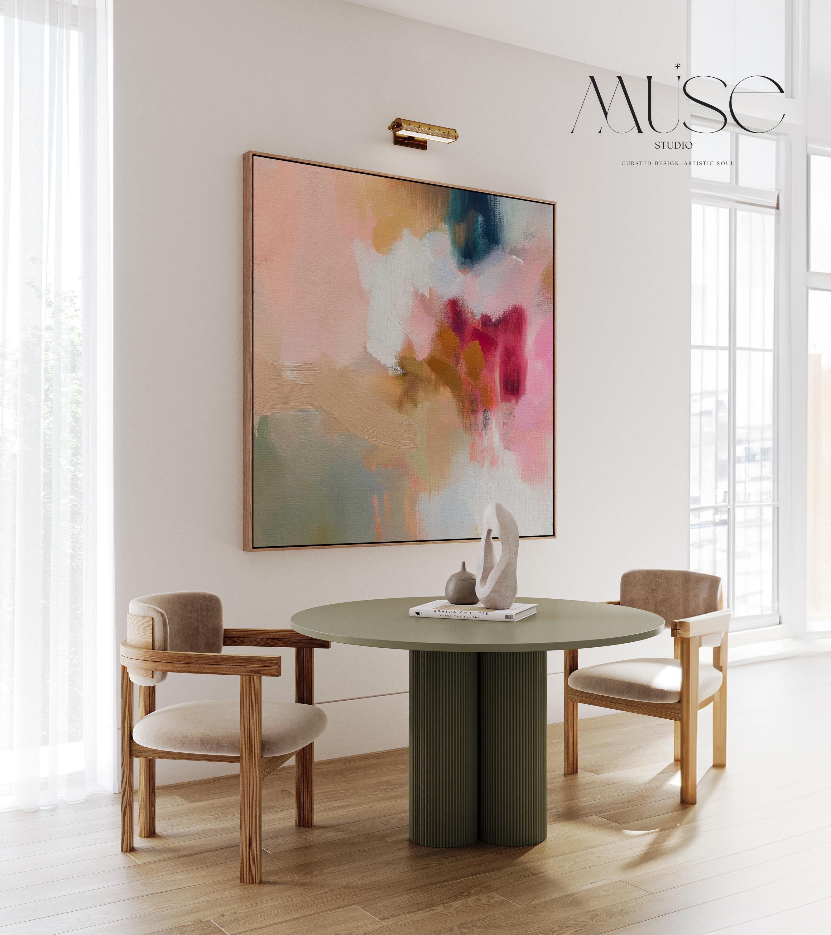 Square framed wall art featuring blush pink, coral, taupe, and teal abstract tones. Soft brushwork and painterly layers create a warm, contemporary aesthetic ideal for dining rooms or living spaces. Complements Soft Contemporary and Warm Neutral interiors.
Available as a gallery-framed fine art print on cotton canvas with floating wood frame.