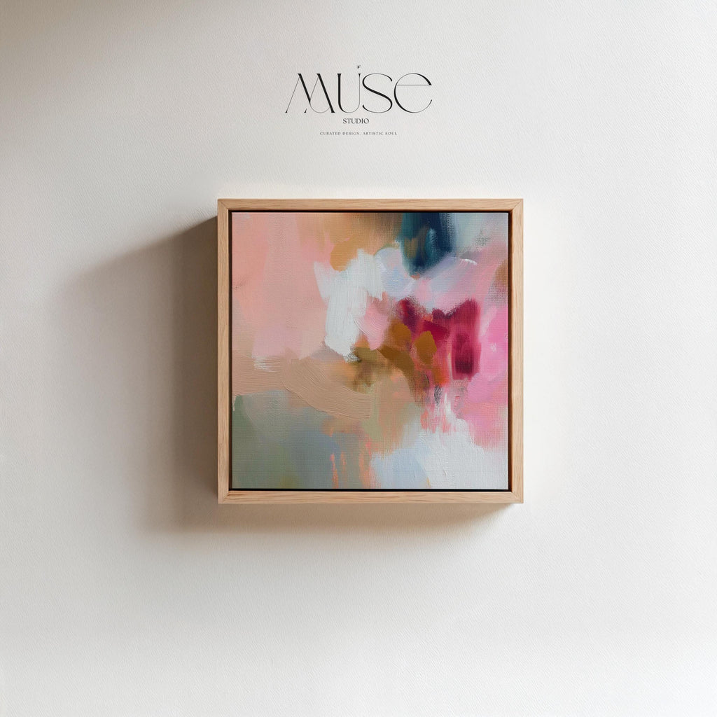 Square framed wall art featuring blush pink, coral, taupe, and teal abstract tones. Soft brushwork and painterly layers create a warm, contemporary aesthetic ideal for dining rooms or living spaces. Complements Soft Contemporary and Warm Neutral interiors.
Available as a gallery-framed fine art print on cotton canvas with floating wood frame.