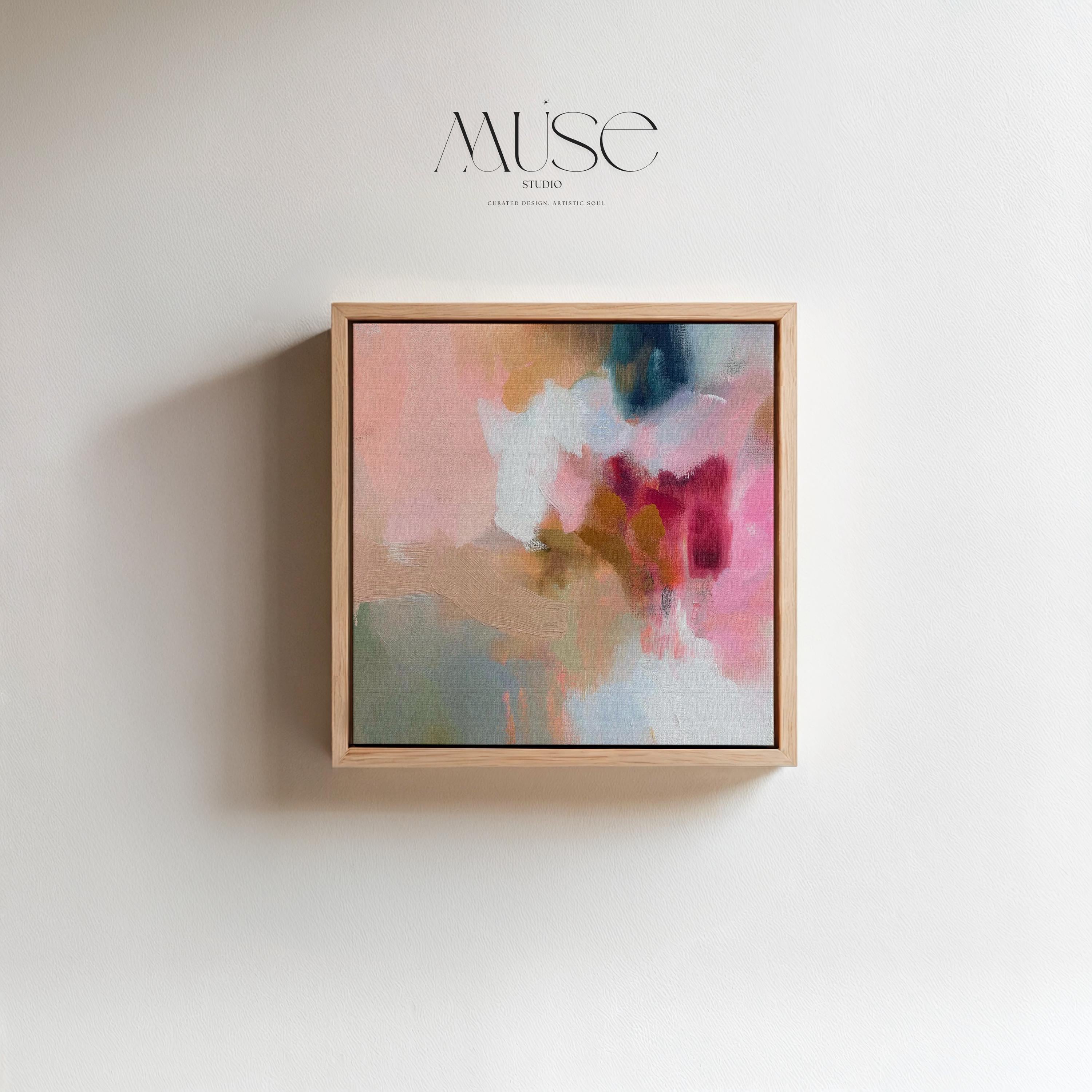 Square framed wall art featuring blush pink, coral, taupe, and teal abstract tones. Soft brushwork and painterly layers create a warm, contemporary aesthetic ideal for dining rooms or living spaces. Complements Soft Contemporary and Warm Neutral interiors.
Available as a gallery-framed fine art print on cotton canvas with floating wood frame.