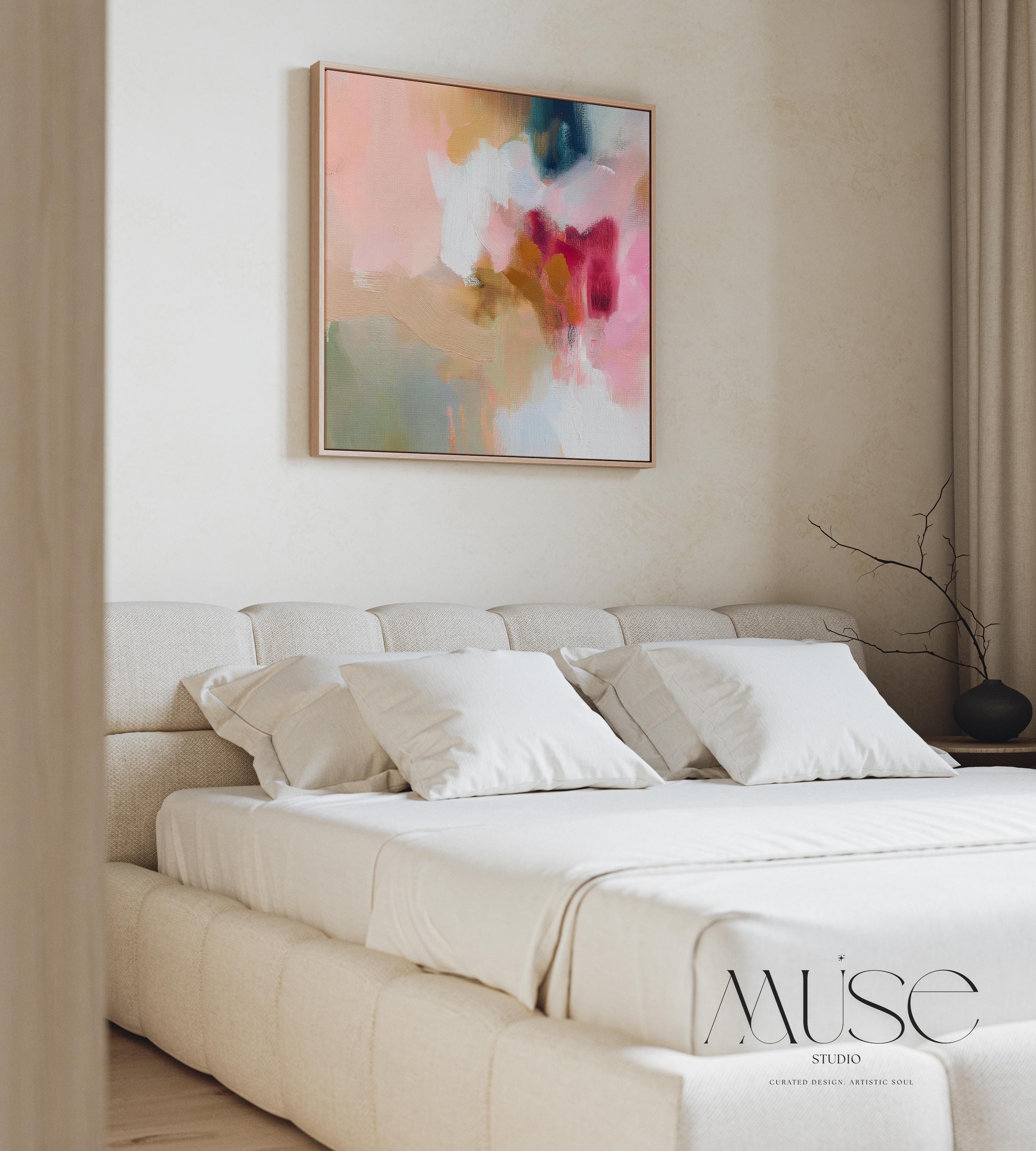 Square framed wall art featuring blush pink, coral, taupe, and teal abstract tones. Soft brushwork and painterly layers create a warm, contemporary aesthetic ideal for dining rooms or living spaces. Complements Soft Contemporary and Warm Neutral interiors.
Available as a gallery-framed fine art print on cotton canvas with floating wood frame.