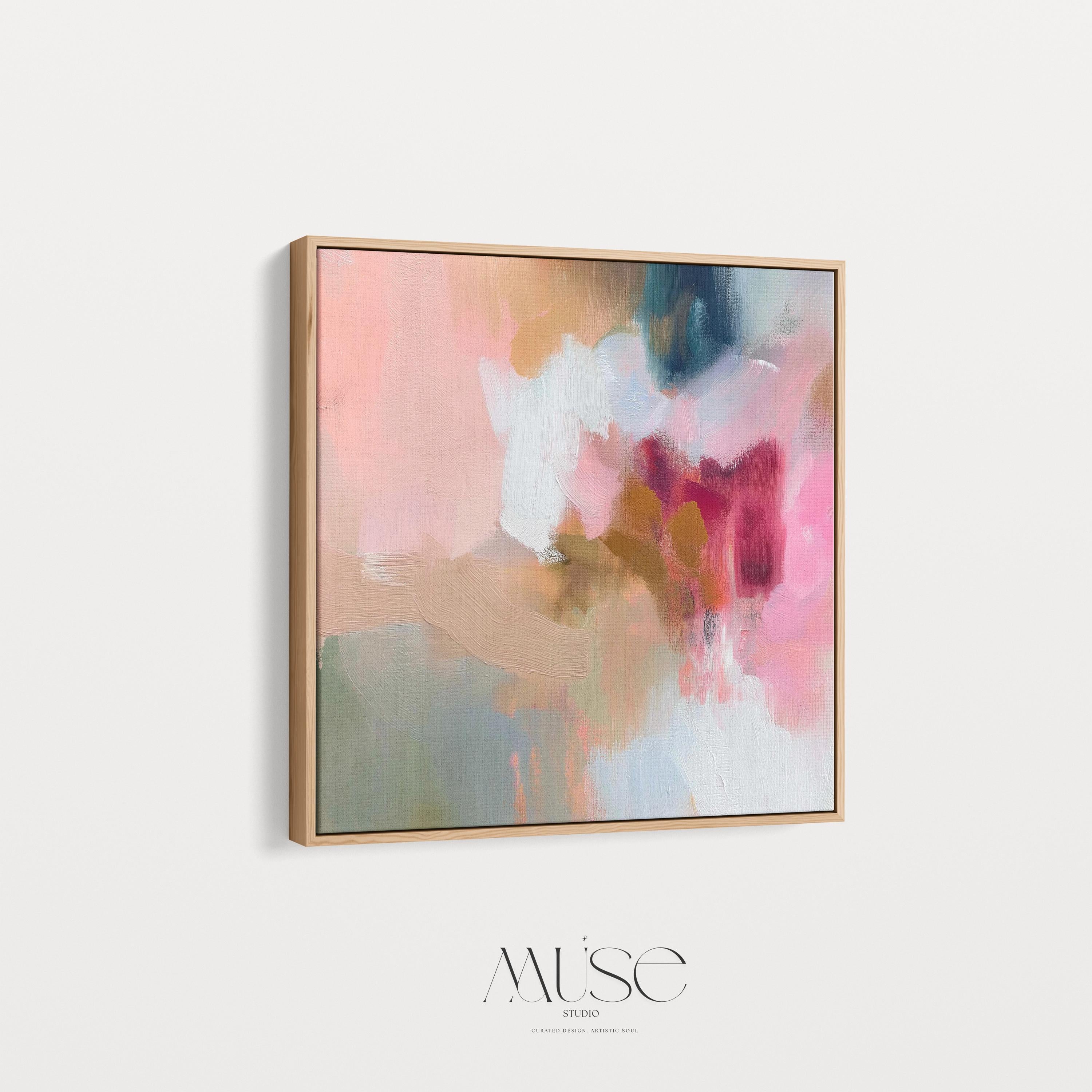 Square framed wall art featuring blush pink, coral, taupe, and teal abstract tones. Soft brushwork and painterly layers create a warm, contemporary aesthetic ideal for dining rooms or living spaces. Complements Soft Contemporary and Warm Neutral interiors.
Available as a gallery-framed fine art print on cotton canvas with floating wood frame.