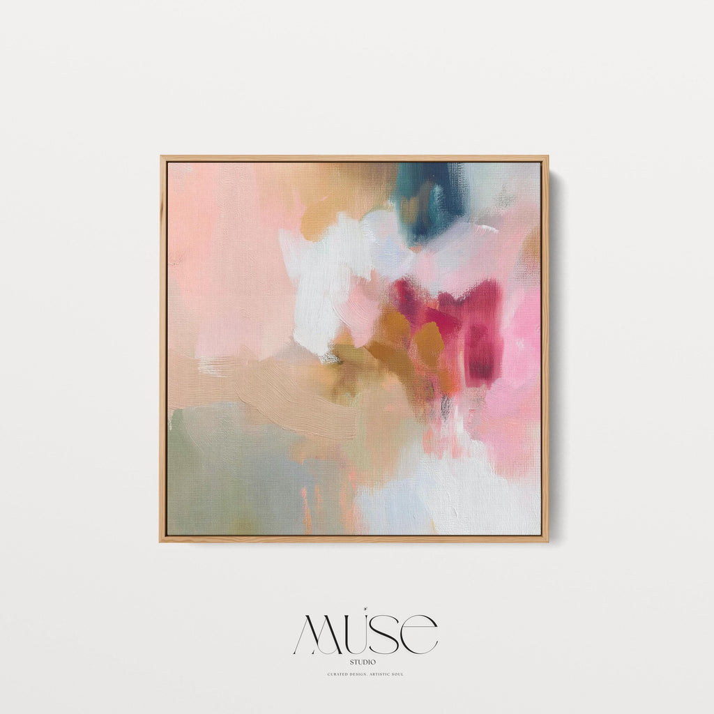 Square framed wall art featuring blush pink, coral, taupe, and teal abstract tones. Soft brushwork and painterly layers create a warm, contemporary aesthetic ideal for dining rooms or living spaces. Complements Soft Contemporary and Warm Neutral interiors.
Available as a gallery-framed fine art print on cotton canvas with floating wood frame.