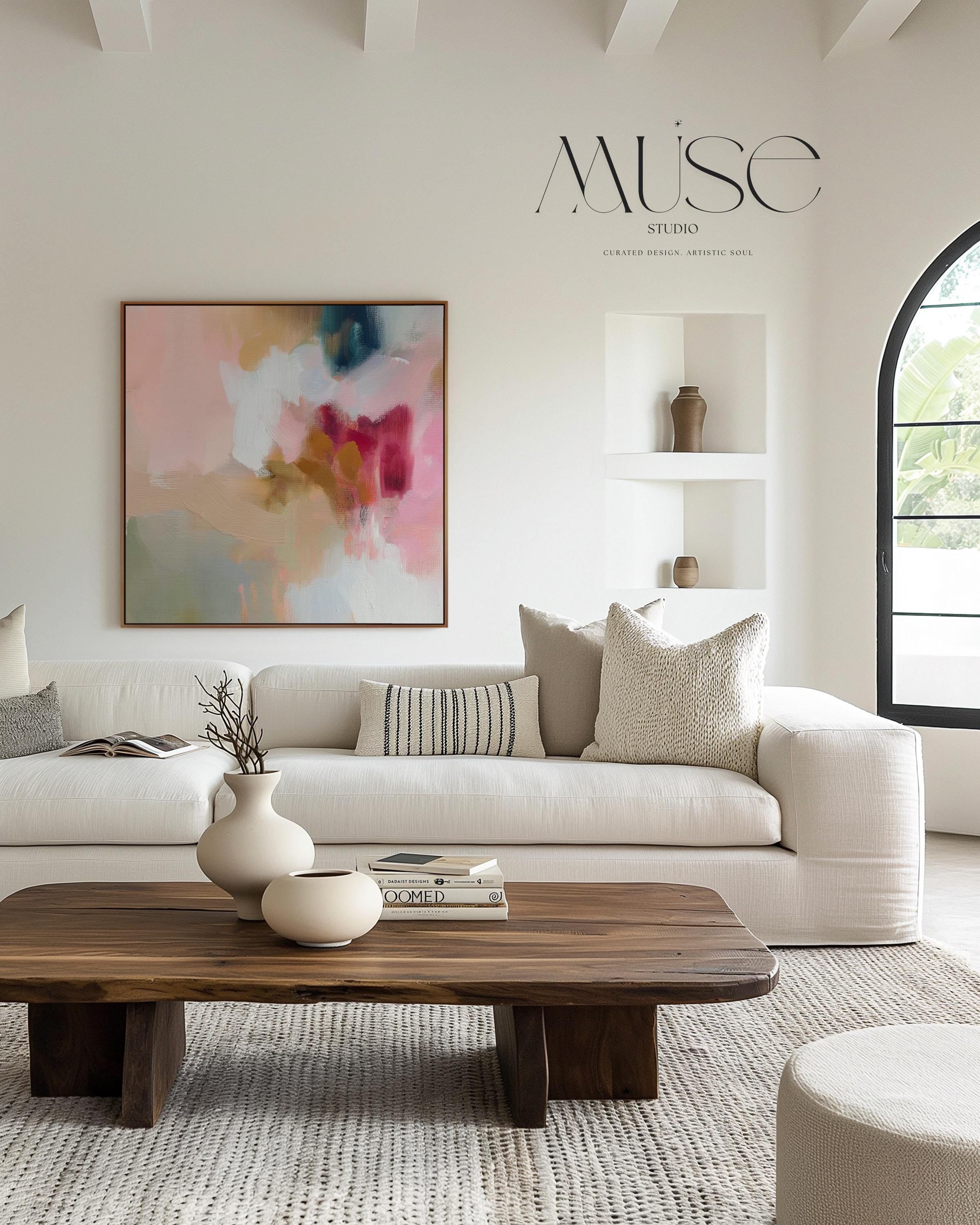 Square framed wall art featuring blush pink, coral, taupe, and teal abstract tones. Soft brushwork and painterly layers create a warm, contemporary aesthetic ideal for dining rooms or living spaces. Complements Soft Contemporary and Warm Neutral interiors.
Available as a gallery-framed fine art print on cotton canvas with floating wood frame.