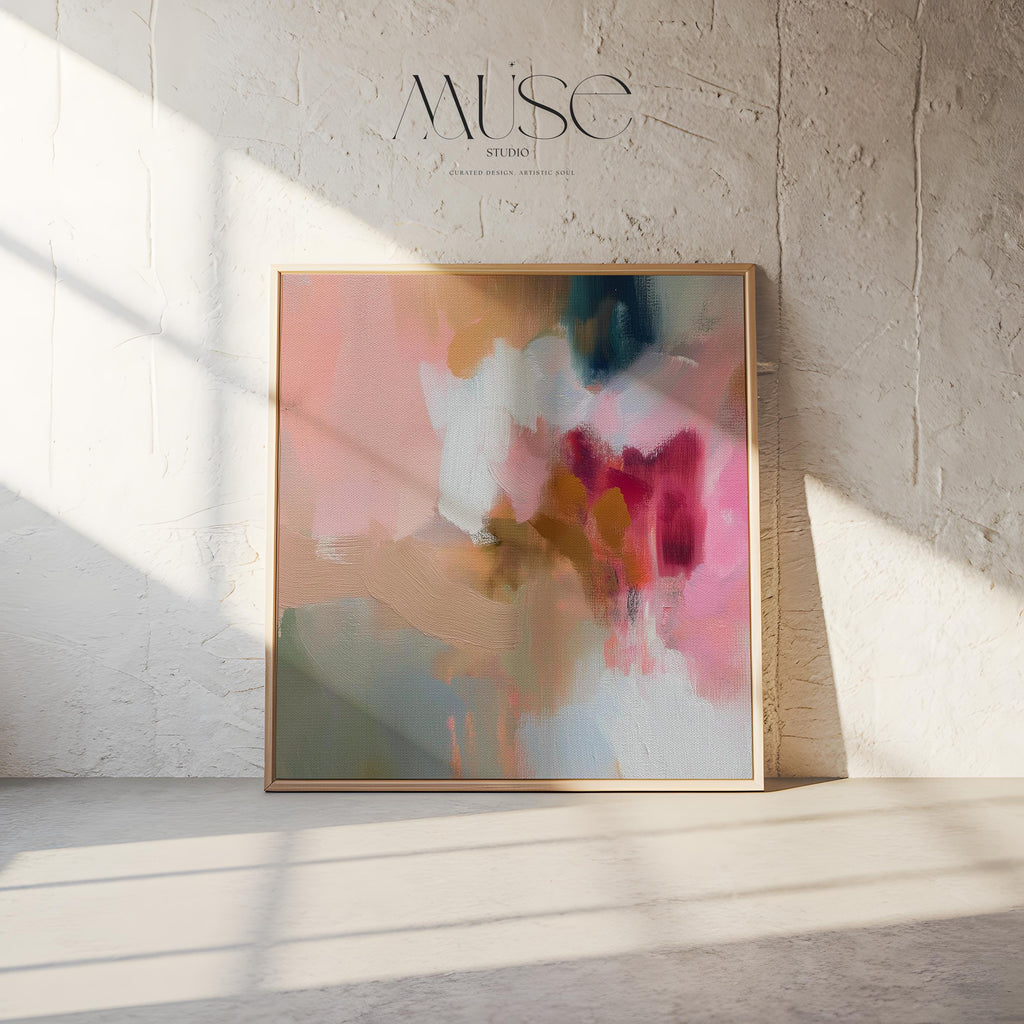 Square framed wall art featuring blush pink, coral, taupe, and teal abstract tones. Soft brushwork and painterly layers create a warm, contemporary aesthetic ideal for dining rooms or living spaces. Complements Soft Contemporary and Warm Neutral interiors.
Available as a gallery-framed fine art print on cotton canvas with floating wood frame.