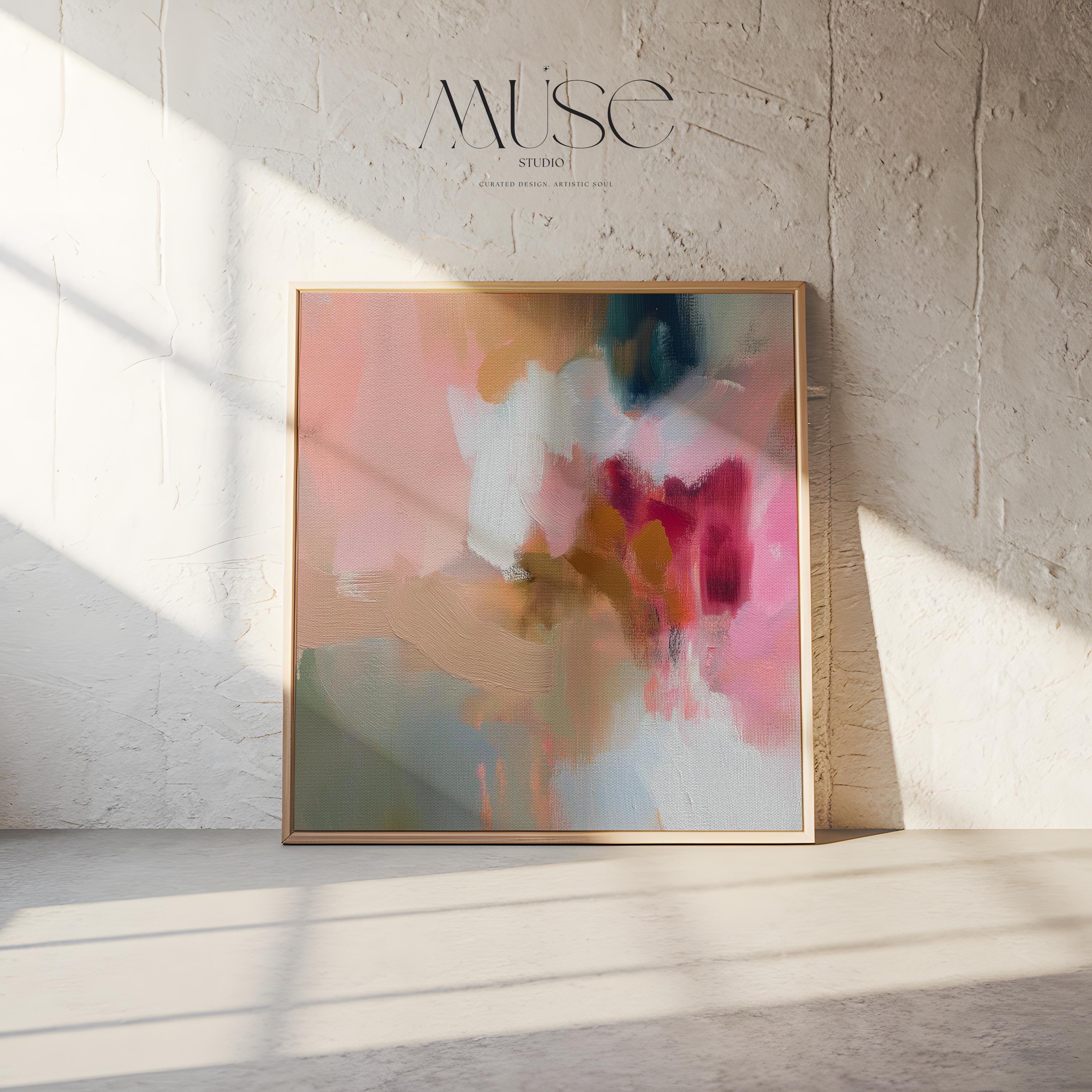 Square framed wall art featuring blush pink, coral, taupe, and teal abstract tones. Soft brushwork and painterly layers create a warm, contemporary aesthetic ideal for dining rooms or living spaces. Complements Soft Contemporary and Warm Neutral interiors.
Available as a gallery-framed fine art print on cotton canvas with floating wood frame.