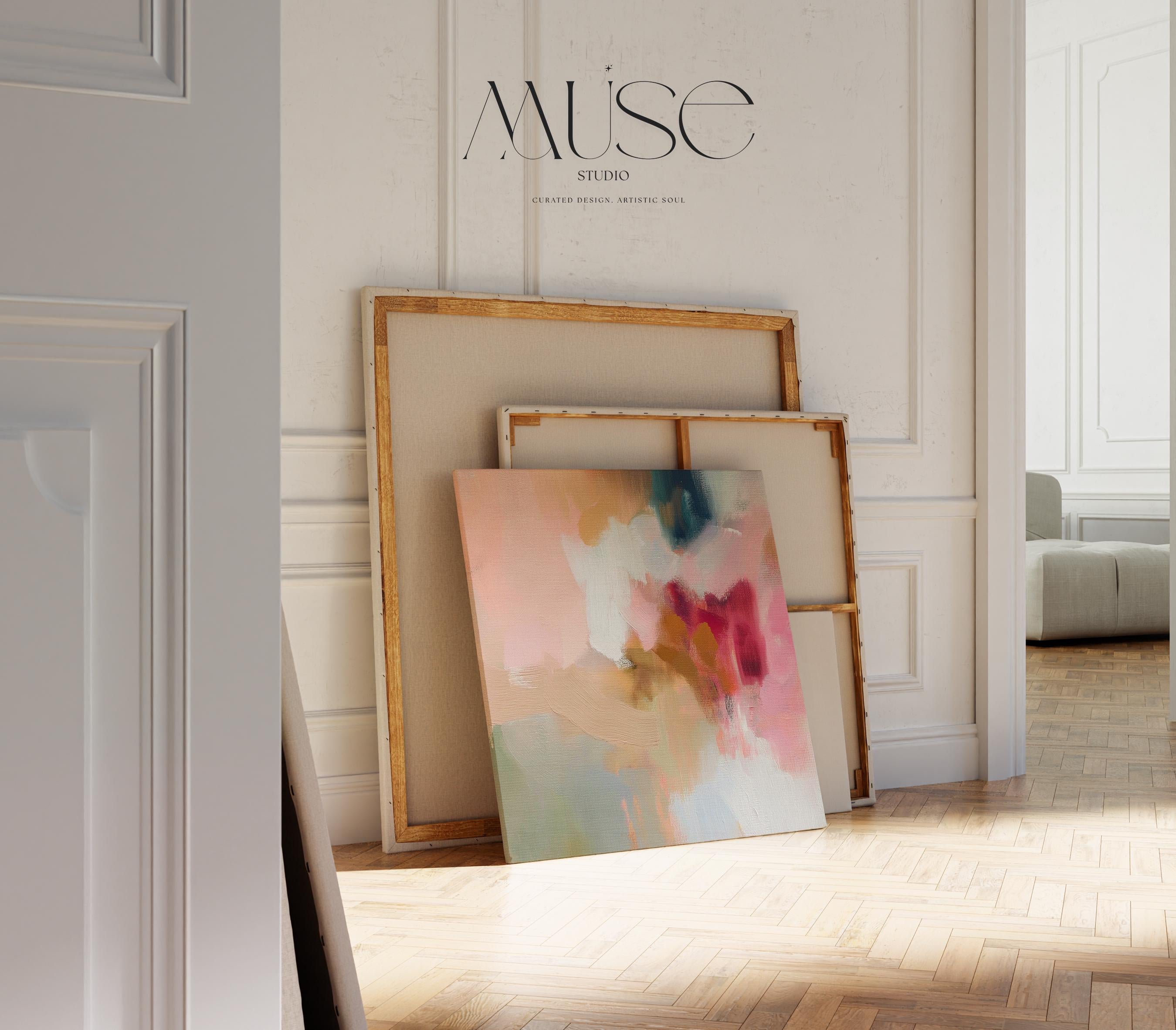 Large square canvas wall art featuring a blend of blush pink, coral, taupe, and teal abstract brushstrokes. The soft composition and painterly texture create a calm, refined look perfect for Soft Contemporary or Warm Neutral interiors. Available as an unframed or framed cotton canvas print.