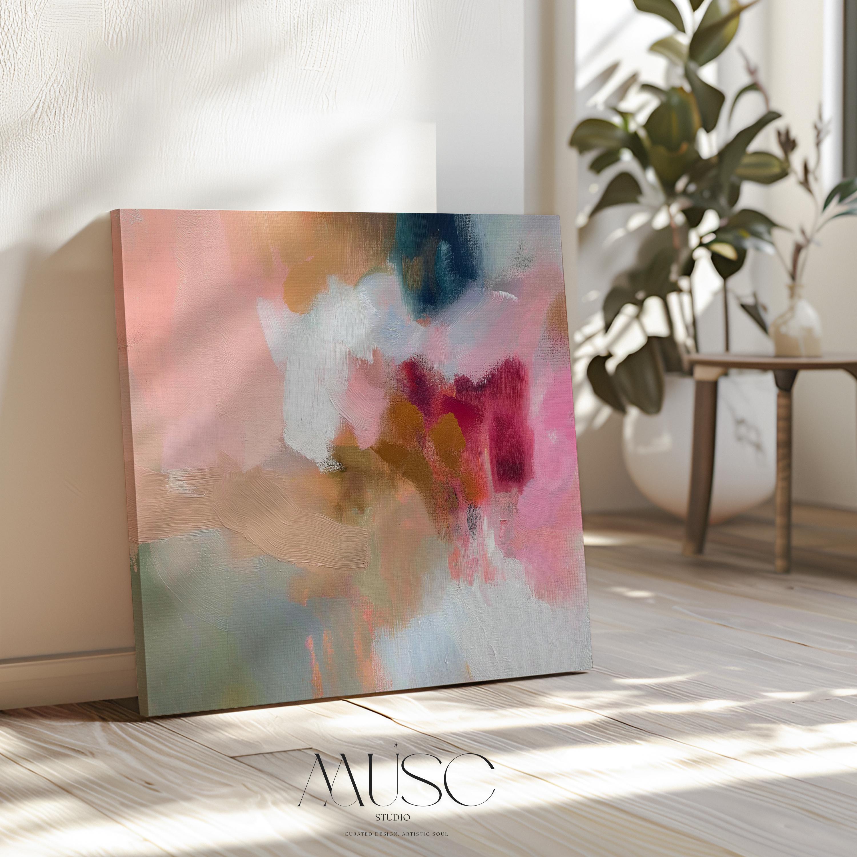 Large square canvas wall art featuring a blend of blush pink, coral, taupe, and teal abstract brushstrokes. The soft composition and painterly texture create a calm, refined look perfect for Soft Contemporary or Warm Neutral interiors. Available as an unframed or framed cotton canvas print.
