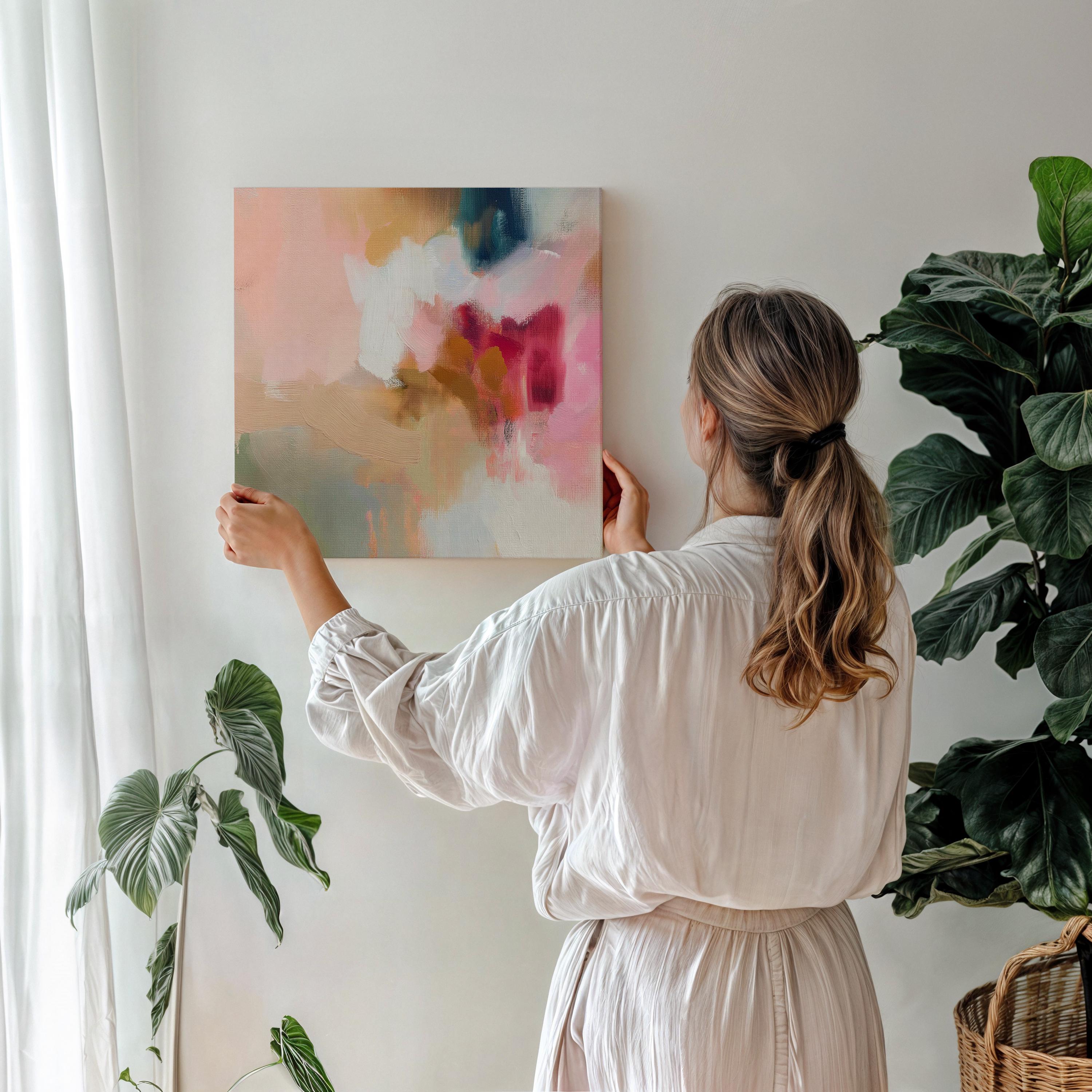 Large square canvas wall art featuring a blend of blush pink, coral, taupe, and teal abstract brushstrokes. The soft composition and painterly texture create a calm, refined look perfect for Soft Contemporary or Warm Neutral interiors. Available as an unframed or framed cotton canvas print.