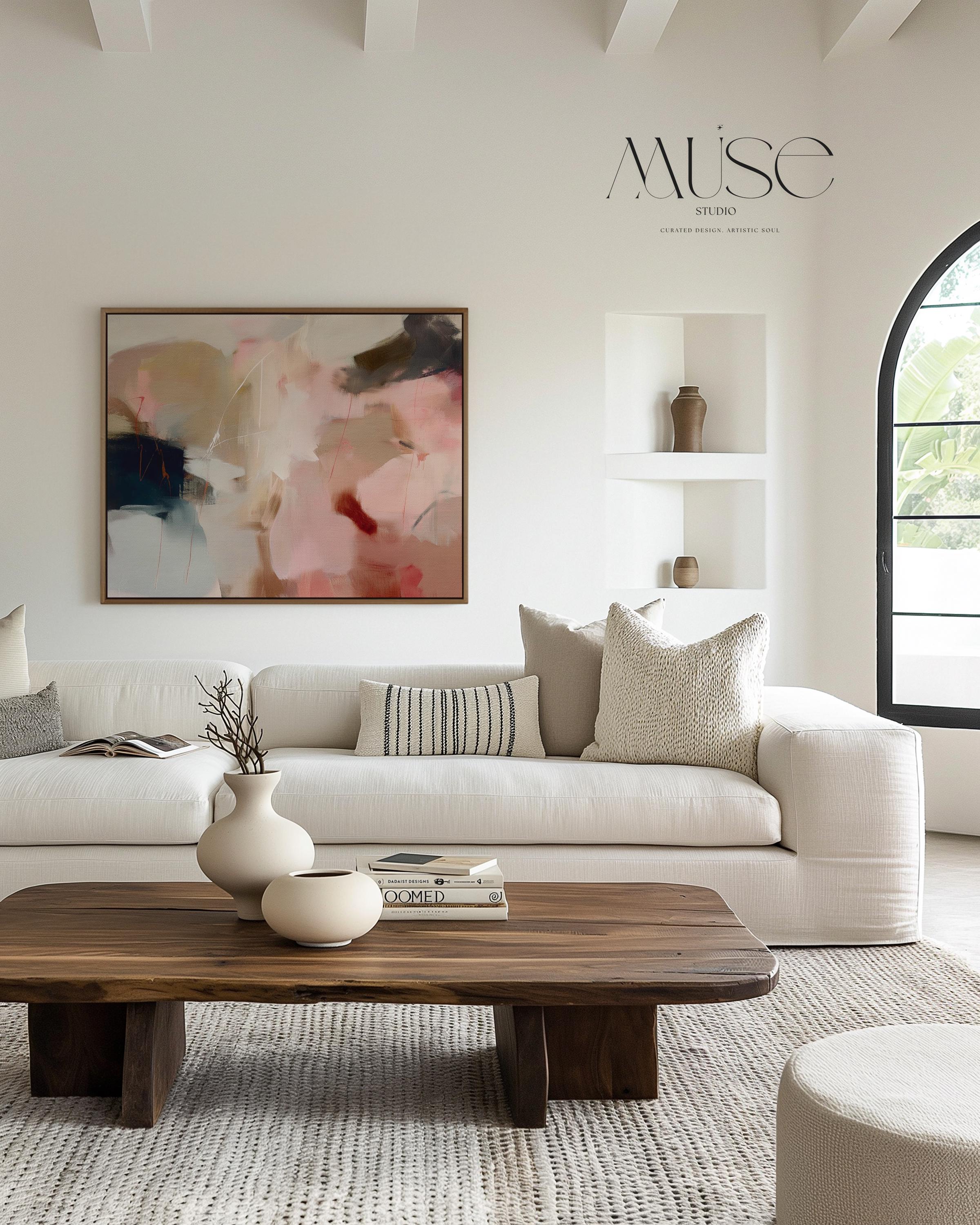 Elegant horizontal canvas wall art in soft blush, sand, and navy tones. Painterly layers flow across the surface, creating a calm yet expressive movement that complements Warm Neutral and Soft Contemporary interiors. Ideal above a sofa or reading chair for a curated, design-forward finish. Hand-crafted fine art giclée on cotton canvas.