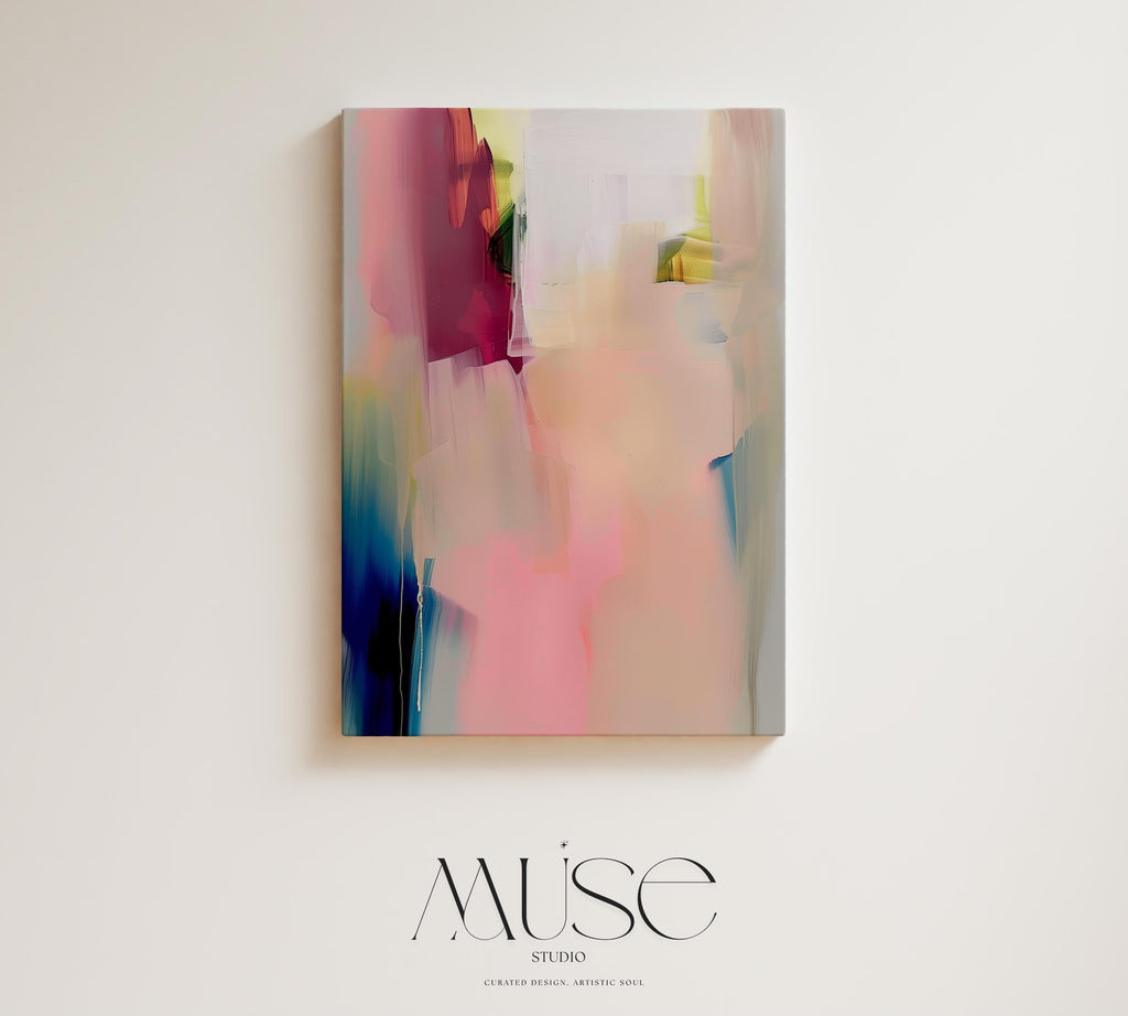 Soft abstract canvas wall art featuring blush pink, teal, and warm beige tones with gentle brushstrokes. The composition evokes a serene modern feel—ideal for minimalist or contemporary bedrooms. Available as gallery-wrapped canvas or framed wall art for curated designer decor.