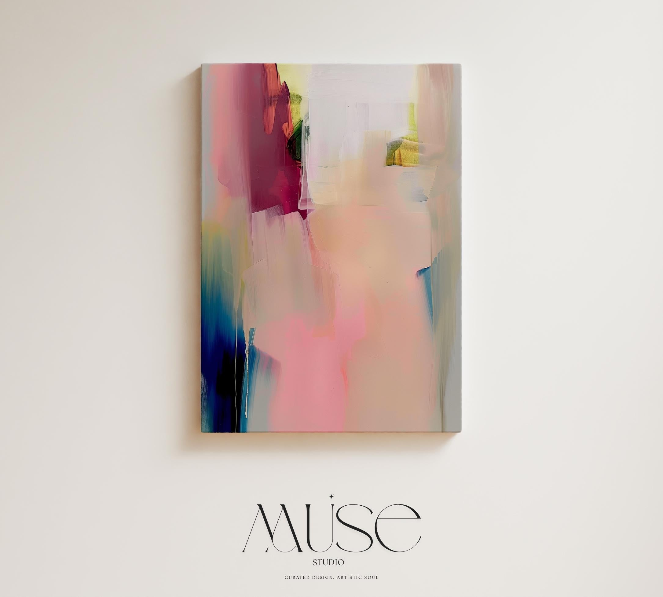Soft abstract canvas wall art featuring blush pink, teal, and warm beige tones with gentle brushstrokes. The composition evokes a serene modern feel—ideal for minimalist or contemporary bedrooms. Available as gallery-wrapped canvas or framed wall art for curated designer decor.