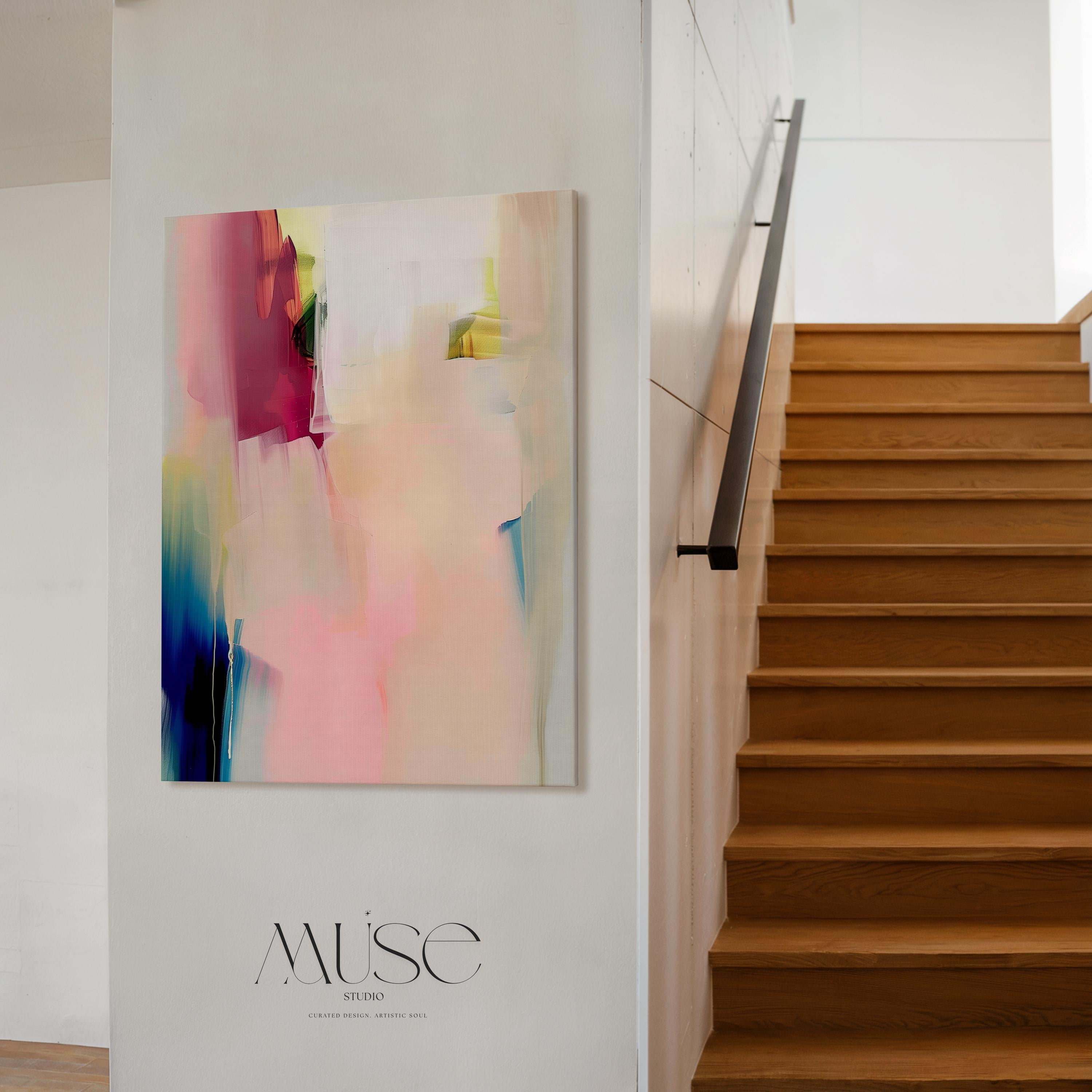 Soft abstract canvas wall art featuring blush pink, teal, and warm beige tones with gentle brushstrokes. The composition evokes a serene modern feel—ideal for minimalist or contemporary bedrooms. Available as gallery-wrapped canvas or framed wall art for curated designer decor.