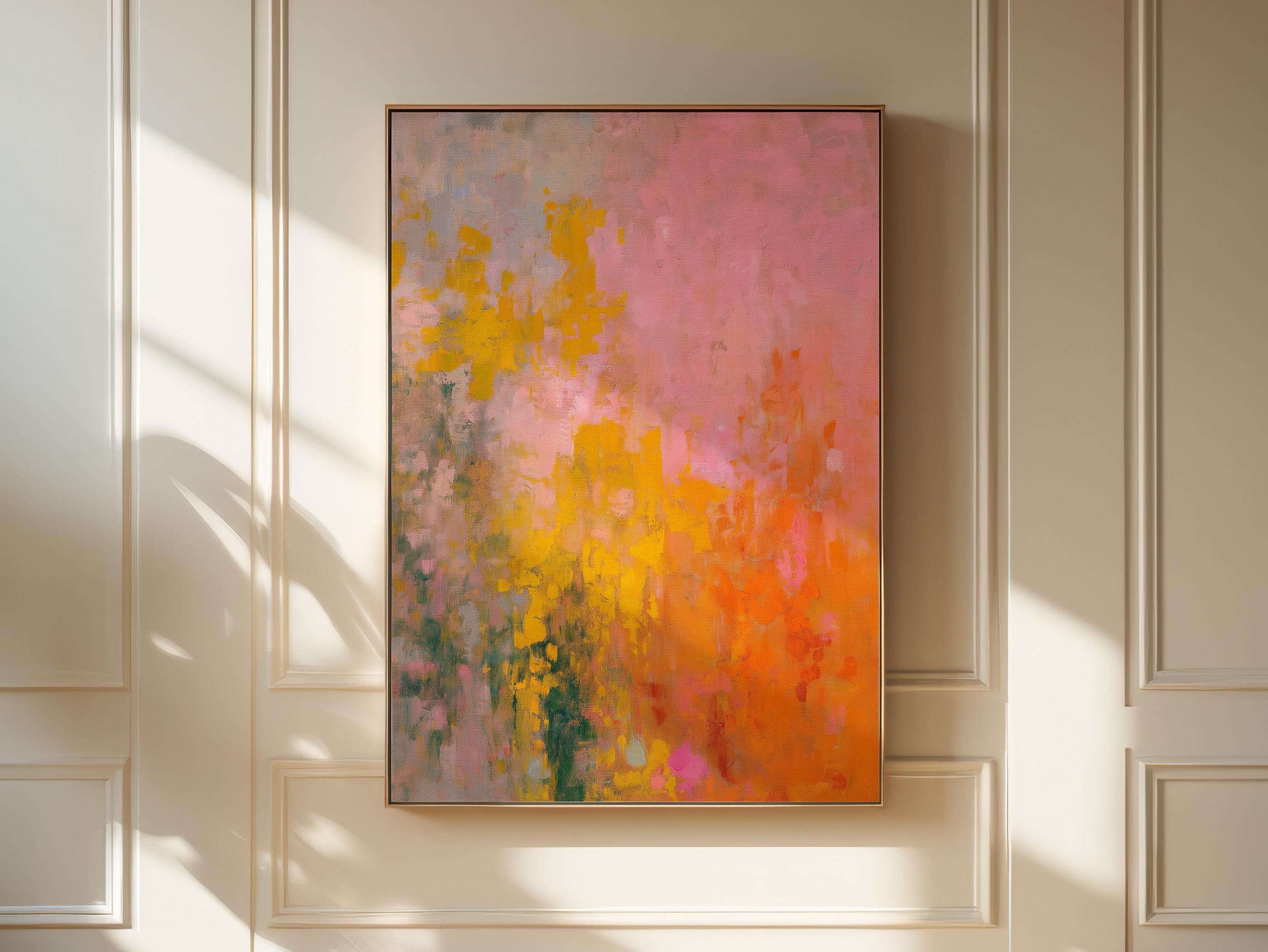 Large colorful abstract canvas wall art in pink, orange, and yellow tones with painterly brushwork. A bold, energetic statement piece for modern or transitional living room decor. Available as gallery-wrapped or framed canvas for premium interior design styling.