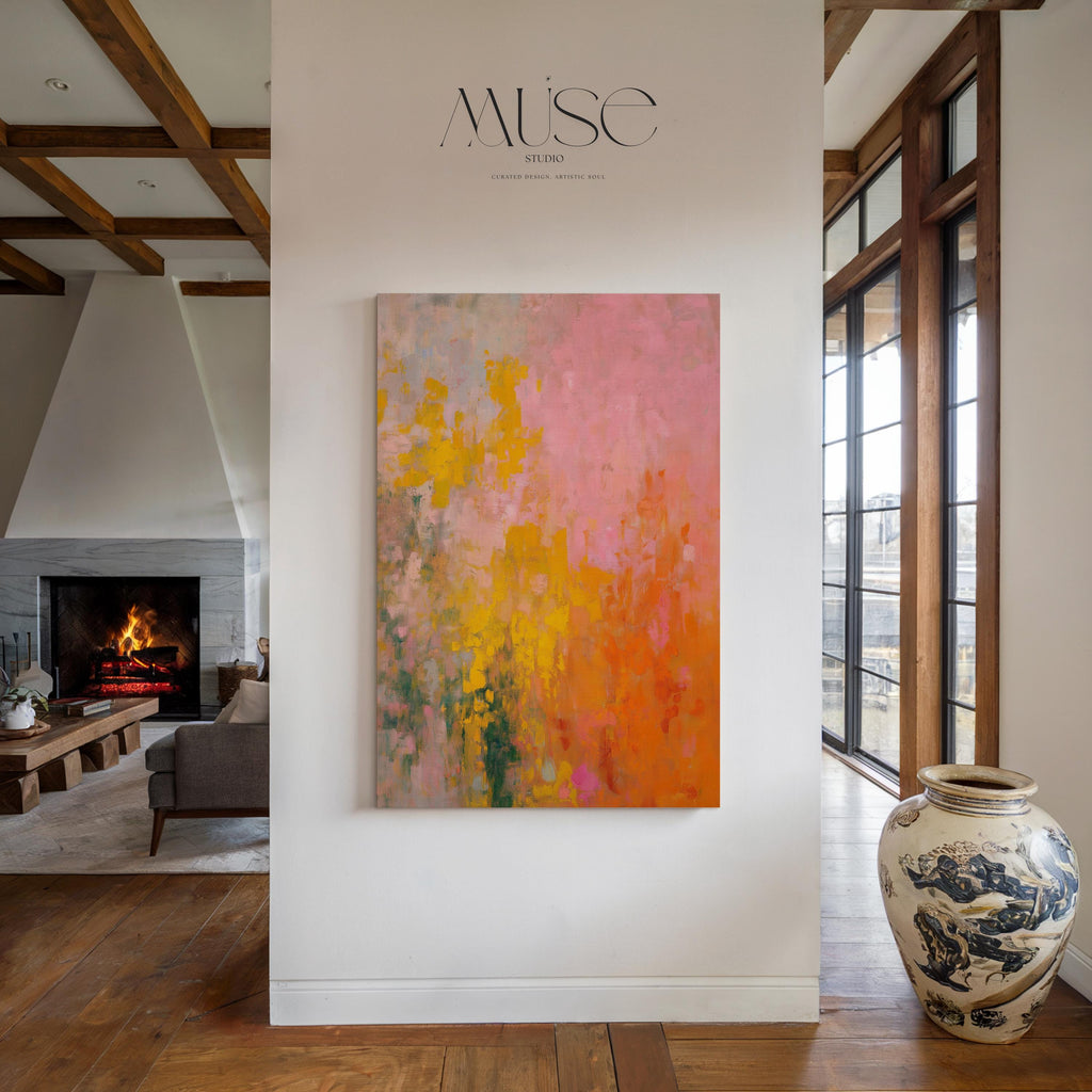 Large warm minimal abstract canvas wall art with layered pink, orange, and beige tones. Gentle brush textures create a sunlit, serene feel perfect for living rooms or bedrooms with natural wood and neutral decor. Available as gallery-wrapped canvas or framed wall art.