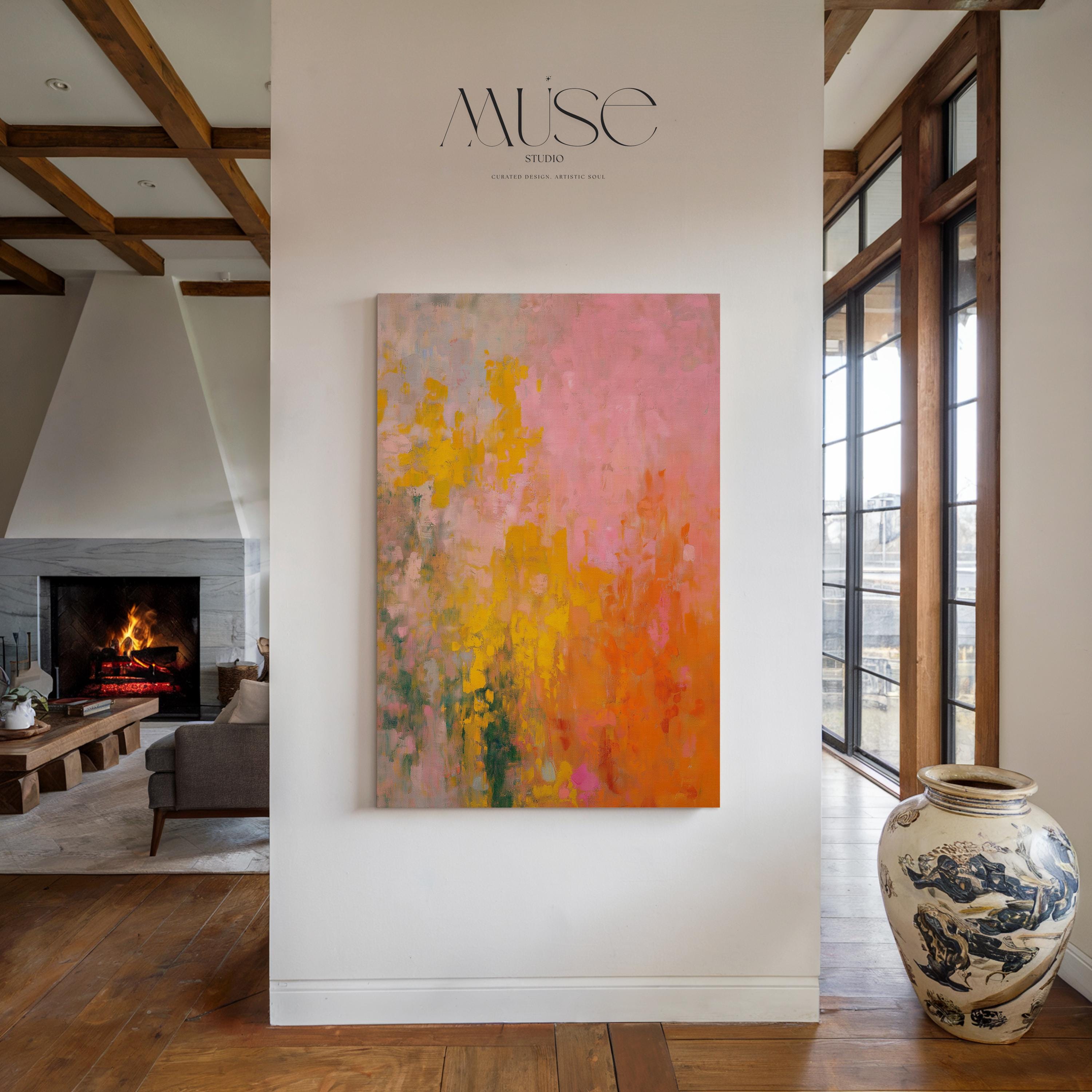 Large warm minimal abstract canvas wall art with layered pink, orange, and beige tones. Gentle brush textures create a sunlit, serene feel perfect for living rooms or bedrooms with natural wood and neutral decor. Available as gallery-wrapped canvas or framed wall art.