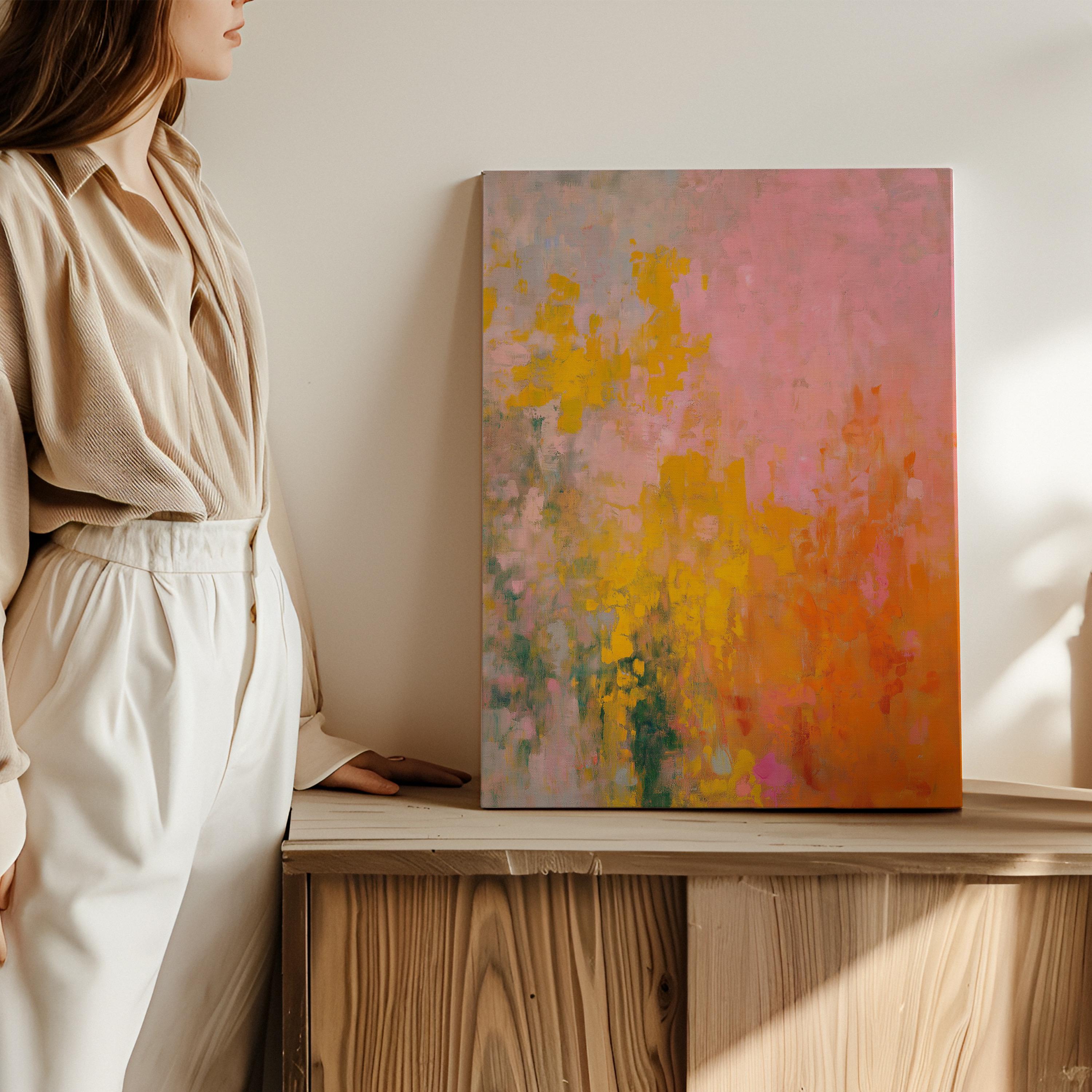 Large warm minimal abstract canvas wall art with layered pink, orange, and beige tones. Gentle brush textures create a sunlit, serene feel perfect for living rooms or bedrooms with natural wood and neutral decor. Available as gallery-wrapped canvas or framed wall art.