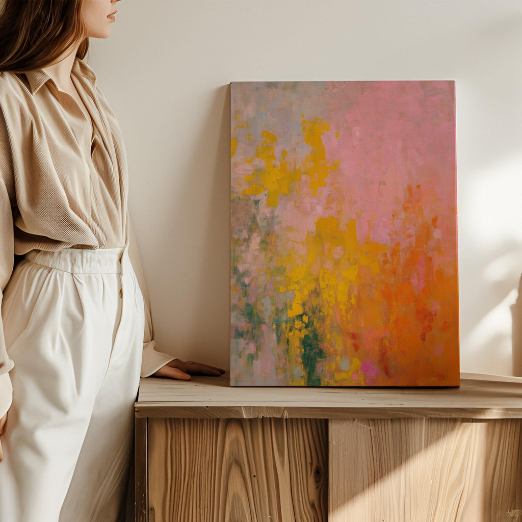 Large warm minimal abstract canvas wall art with layered pink, orange, and beige tones. Gentle brush textures create a sunlit, serene feel perfect for living rooms or bedrooms with natural wood and neutral decor. Available as gallery-wrapped canvas or framed wall art.