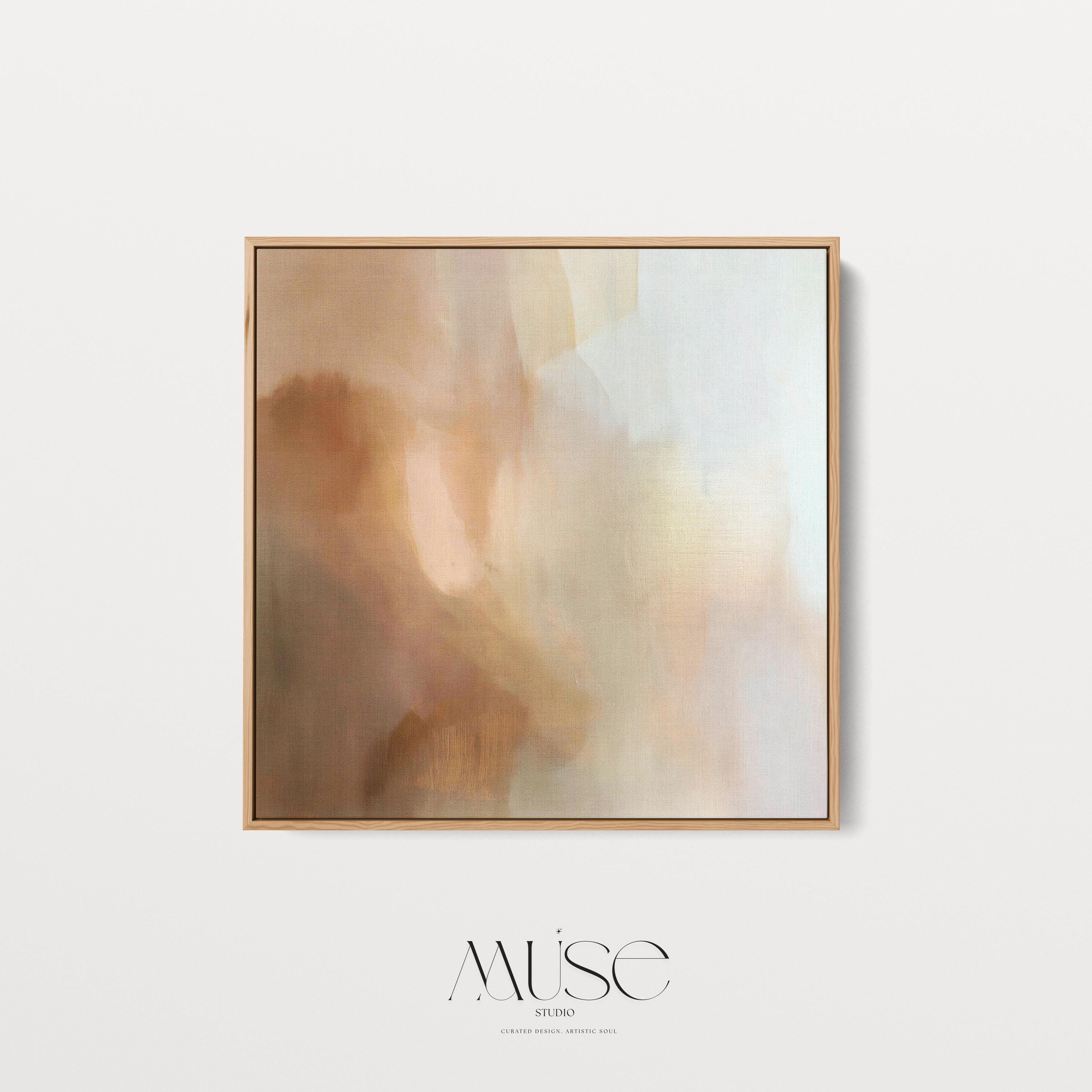 Large warm minimal abstract canvas wall art in beige, brown, and cream hues. Soft painterly transitions create a soothing, elegant statement perfect for minimalist or transitional living room decor. Available as gallery-wrapped or framed canvas for timeless interior styling.