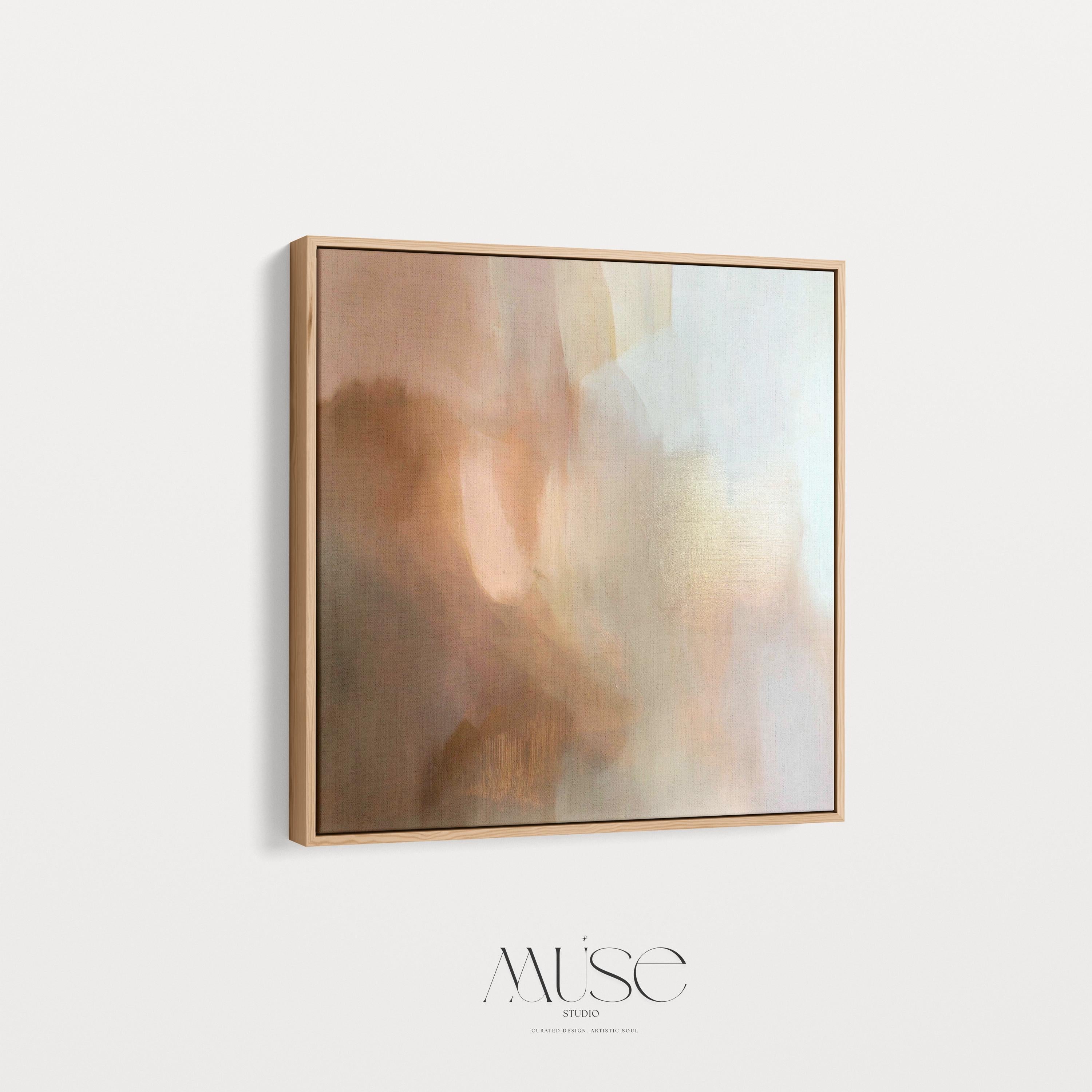 Large warm minimal abstract canvas wall art in beige, brown, and cream hues. Soft painterly transitions create a soothing, elegant statement perfect for minimalist or transitional living room decor. Available as gallery-wrapped or framed canvas for timeless interior styling.