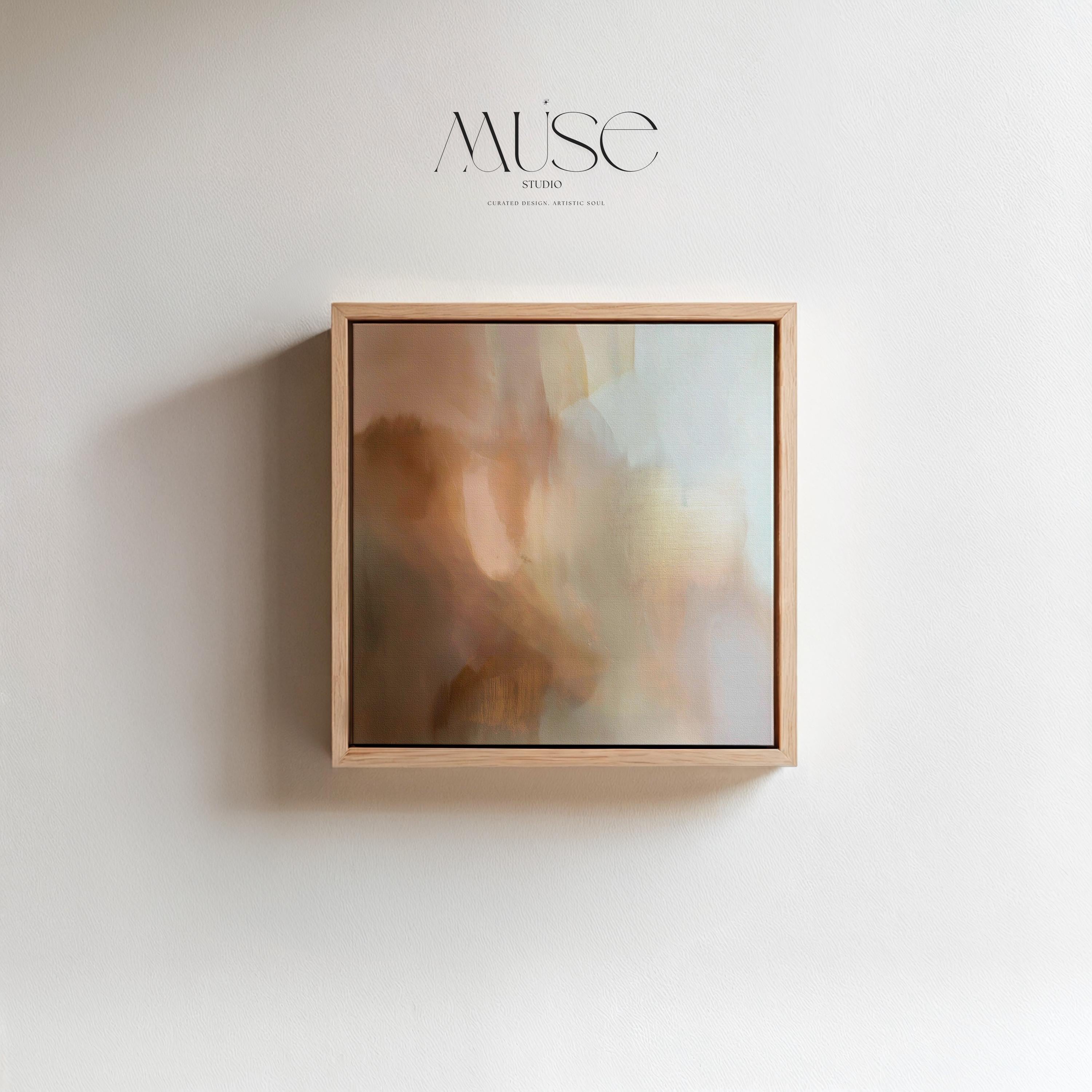 Large warm minimal abstract canvas wall art in beige, brown, and cream hues. Soft painterly transitions create a soothing, elegant statement perfect for minimalist or transitional living room decor. Available as gallery-wrapped or framed canvas for timeless interior styling.