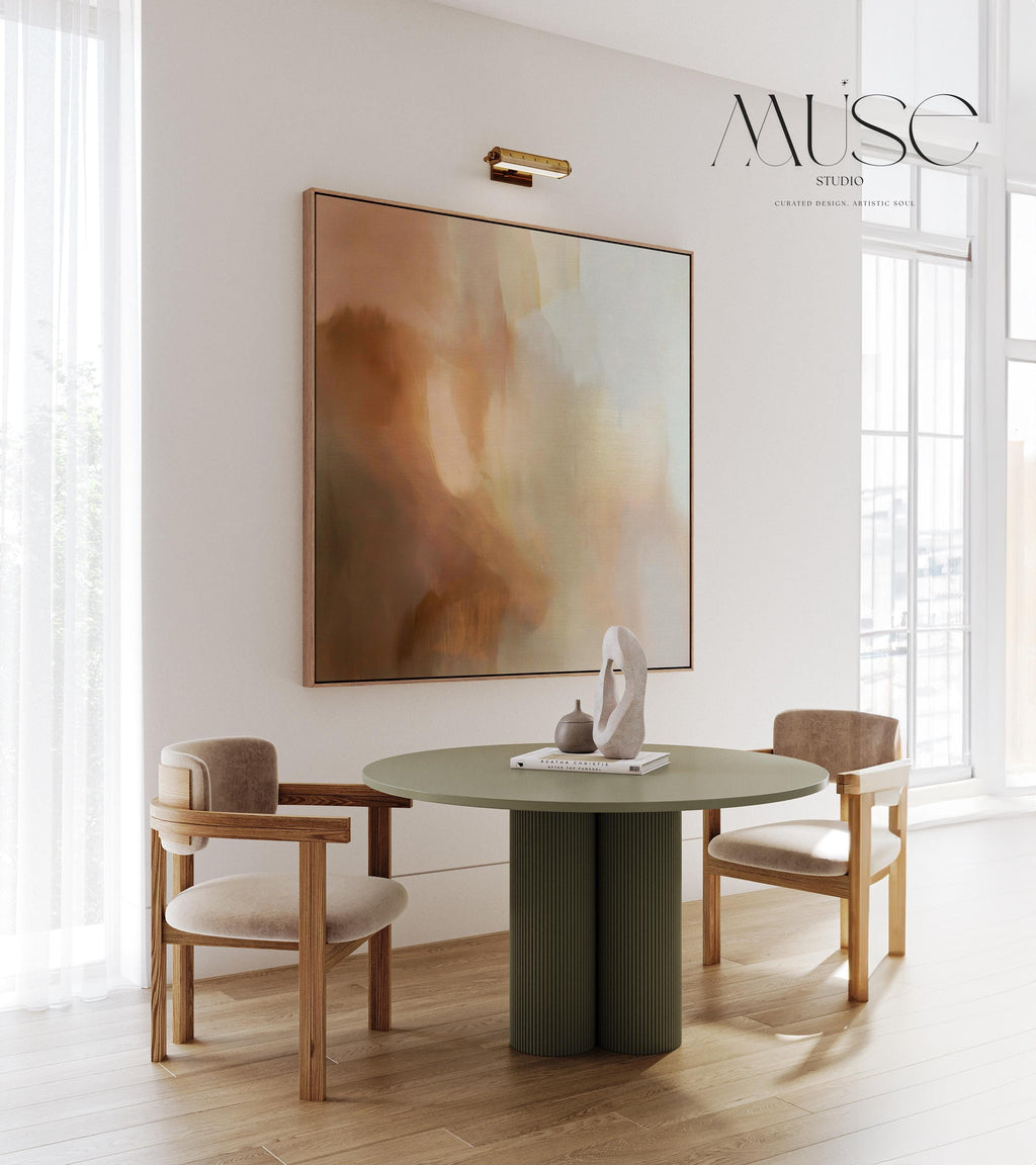 Large warm minimal abstract canvas wall art in beige, brown, and cream hues. Soft painterly transitions create a soothing, elegant statement perfect for minimalist or transitional living room decor. Available as gallery-wrapped or framed canvas for timeless interior styling.