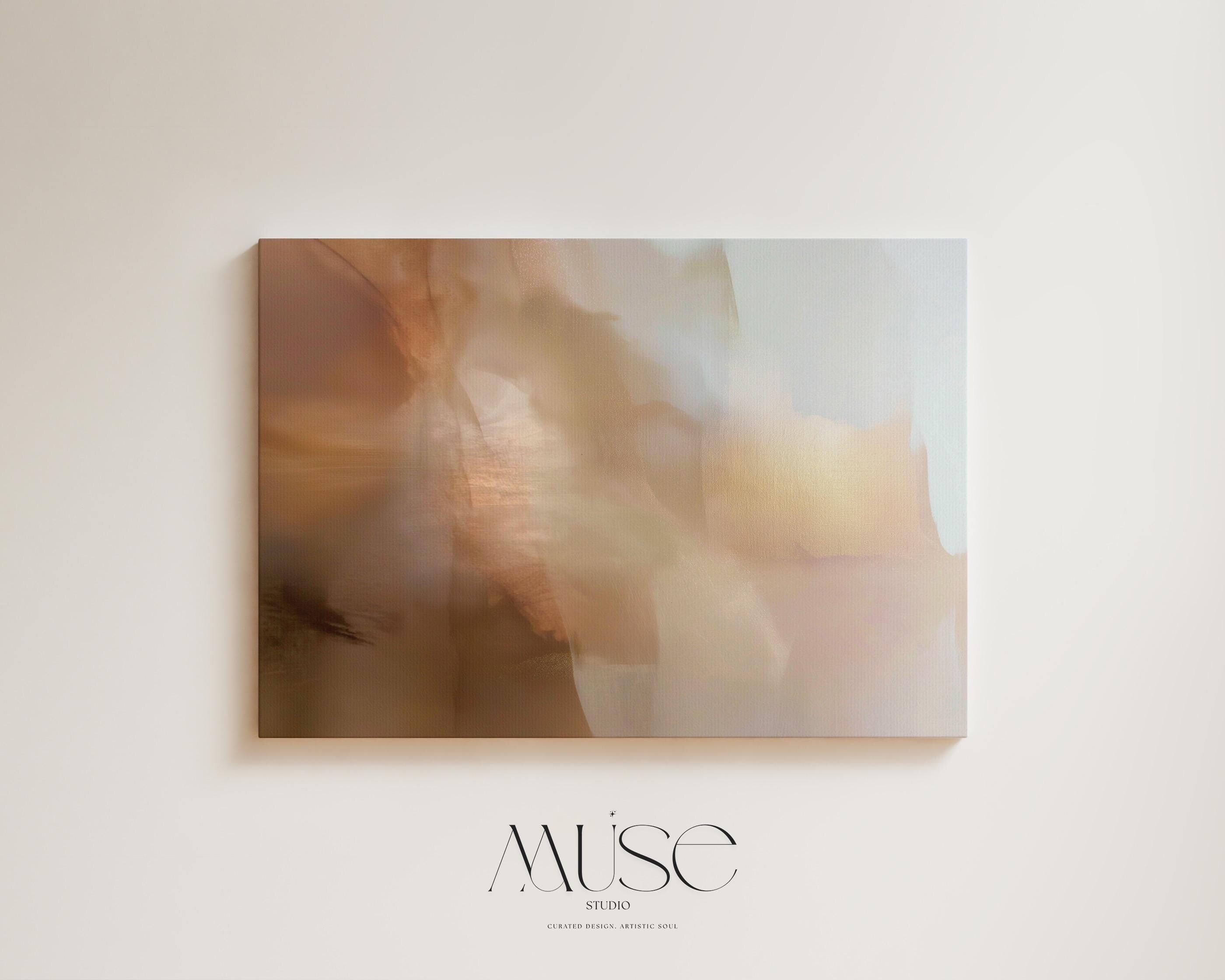 Horizontal warm-neutral abstract wall art in beige, sand, and ivory tones, styled in a warm minimal interior with light wood and linen textures. Available as framed canvas or gallery canvas by Muse Studio.