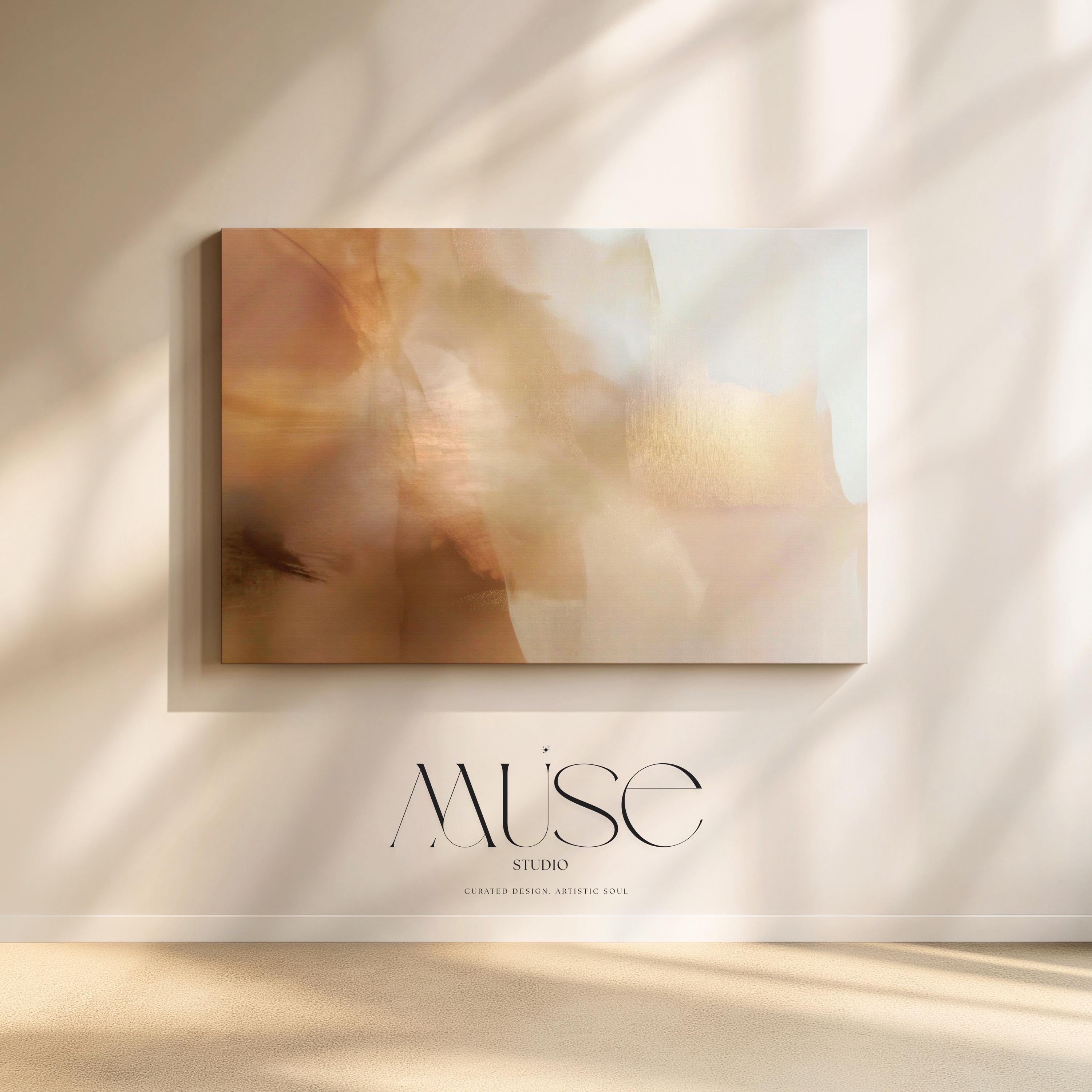 Horizontal warm-neutral abstract wall art in beige, sand, and ivory tones, styled in a warm minimal interior with light wood and linen textures. Available as framed canvas or gallery canvas by Muse Studio.