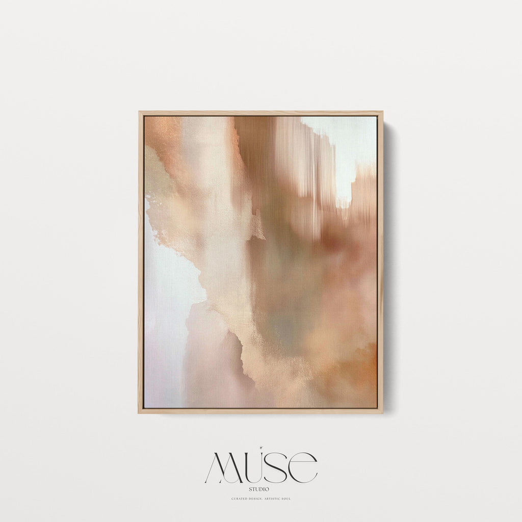 Vertical warm-neutral canvas wall art featuring soft clay, taupe, and honeyed beige tones in a warm minimal style. Complements natural wood and ceramic decor. Available as gallery-wrapped or framed canvas by Muse Studio.