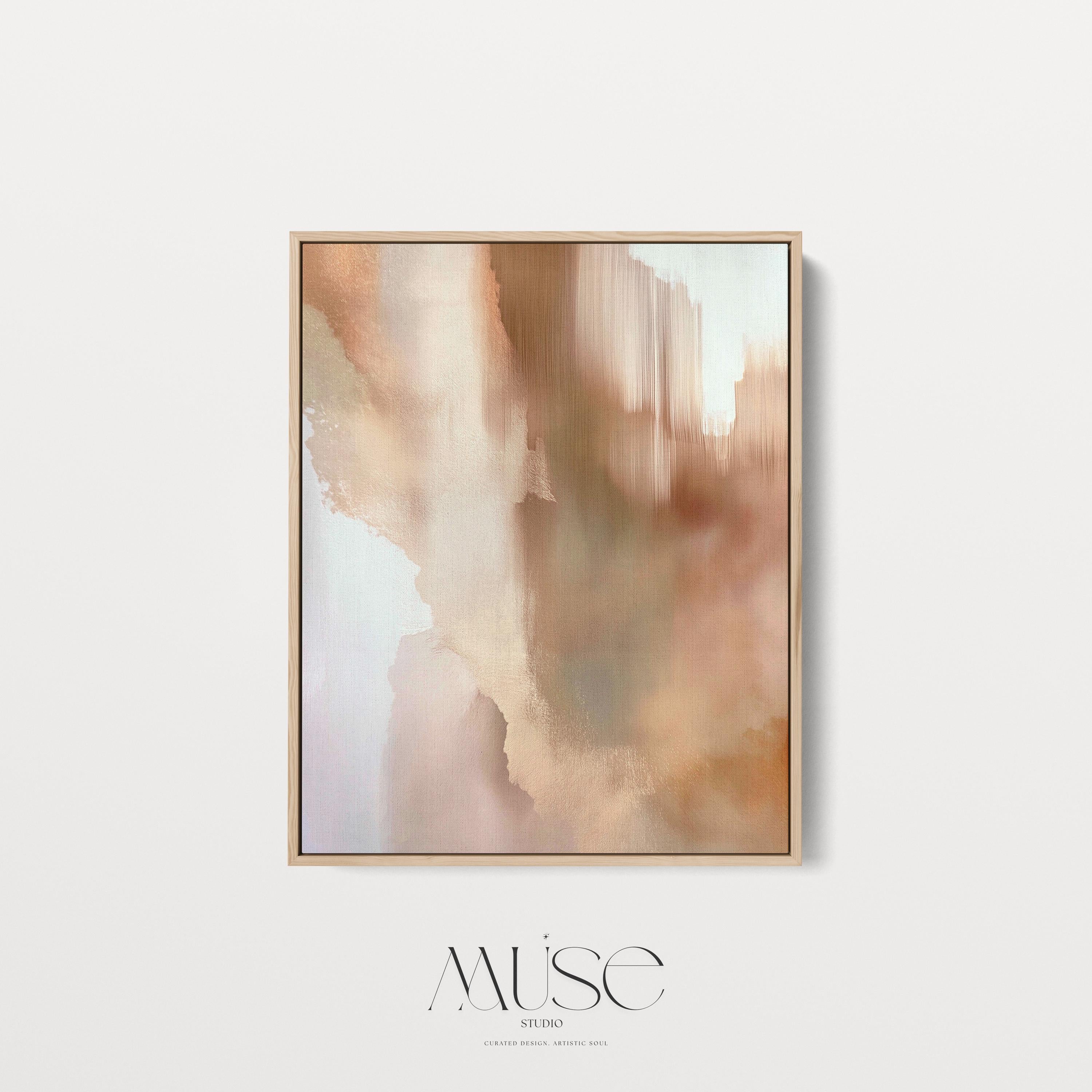 Vertical warm-neutral canvas wall art featuring soft clay, taupe, and honeyed beige tones in a warm minimal style. Complements natural wood and ceramic decor. Available as gallery-wrapped or framed canvas by Muse Studio.