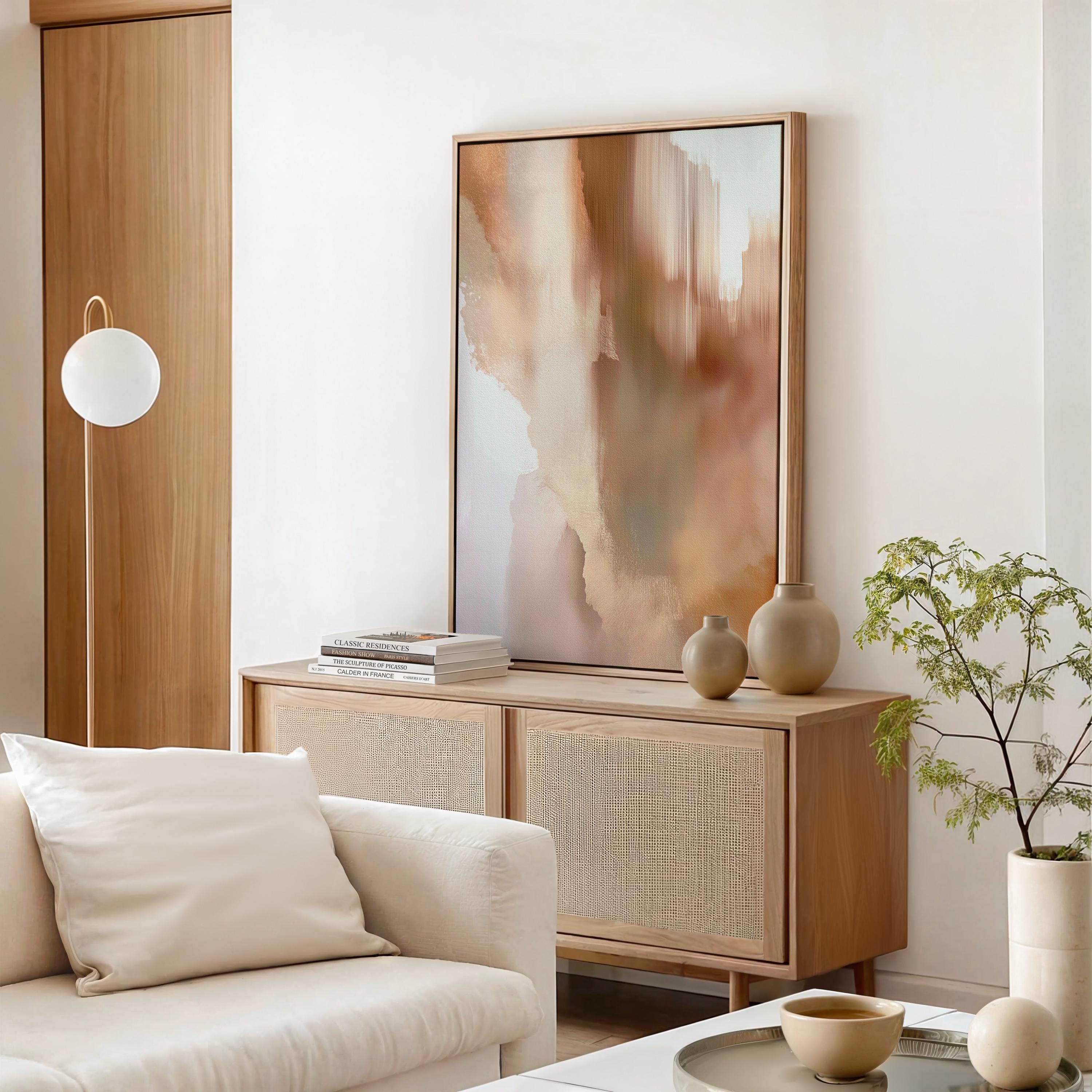 Vertical warm-neutral canvas wall art featuring soft clay, taupe, and honeyed beige tones in a warm minimal style. Complements natural wood and ceramic decor. Available as gallery-wrapped or framed canvas by Muse Studio.