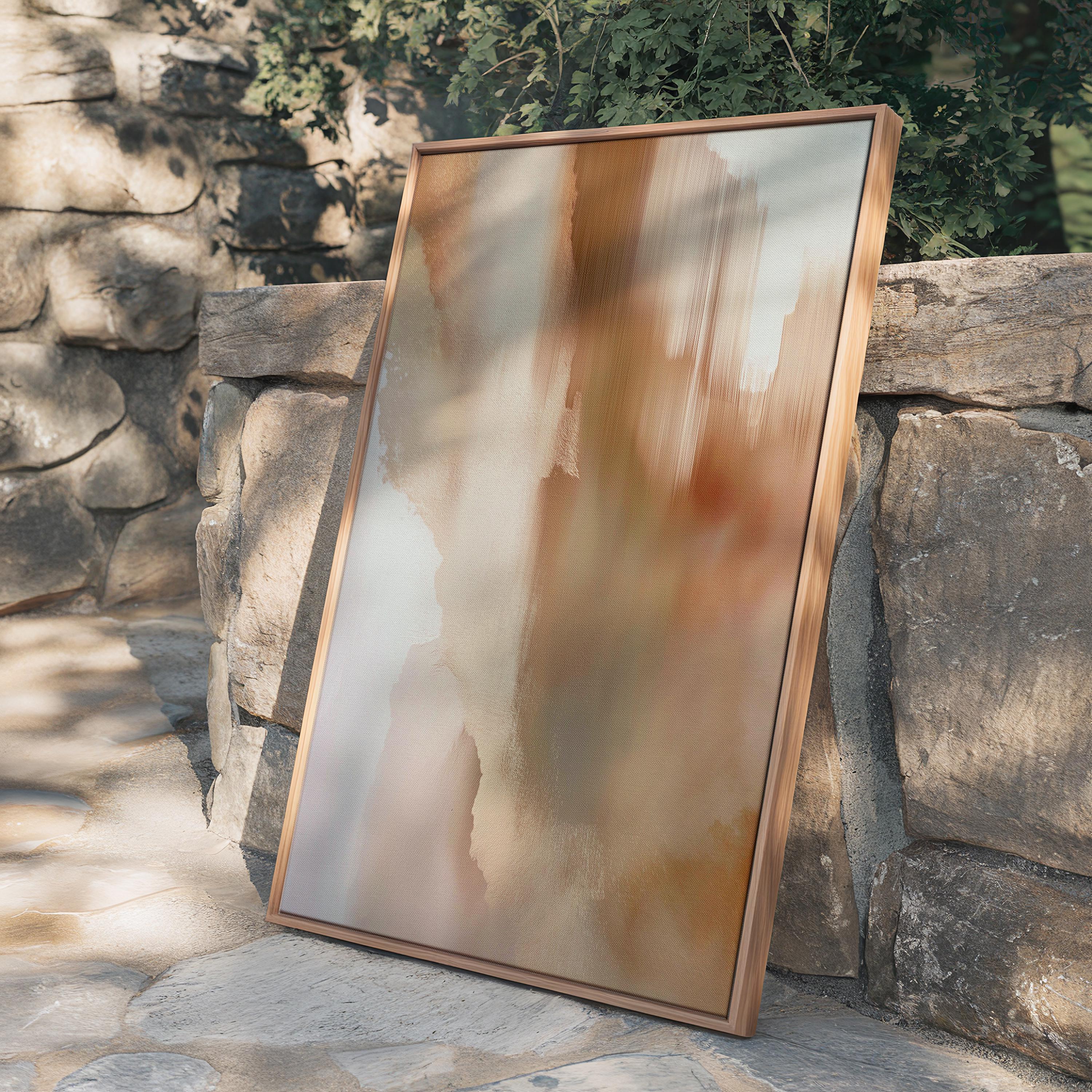 Vertical warm-neutral canvas wall art featuring soft clay, taupe, and honeyed beige tones in a warm minimal style. Complements natural wood and ceramic decor. Available as gallery-wrapped or framed canvas by Muse Studio.
