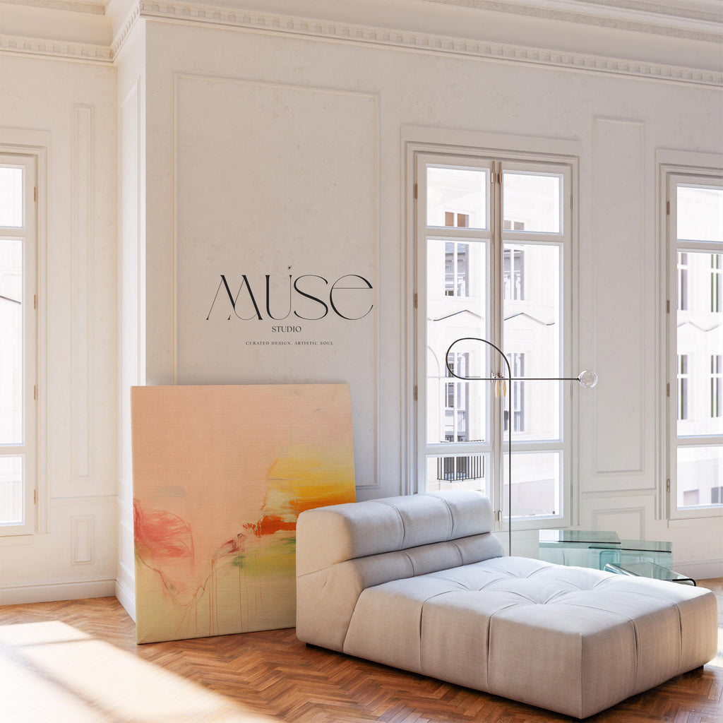 Square abstract wall art in blush pink, peach, golden ochre, and soft green tones with boho and soft contemporary styling. Features subtle painterly drips and blended textures, ideal for bedrooms, living rooms, or calming modern spaces. Available as gallery-wrapped or floater framed canvas by Muse Studio.