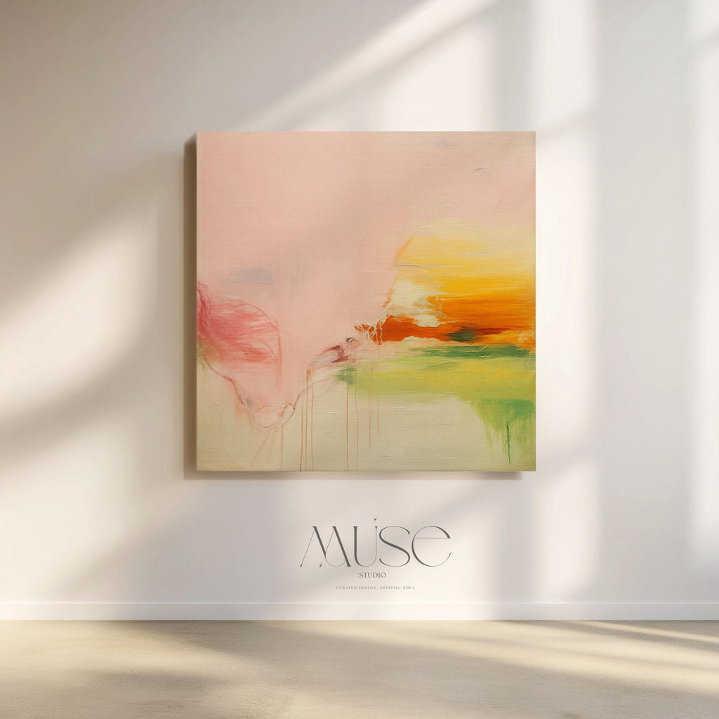 Square abstract wall art in blush pink, peach, golden ochre, and soft green tones with boho and soft contemporary styling. Features subtle painterly drips and blended textures, ideal for bedrooms, living rooms, or calming modern spaces. Available as gallery-wrapped or floater framed canvas by Muse Studio.