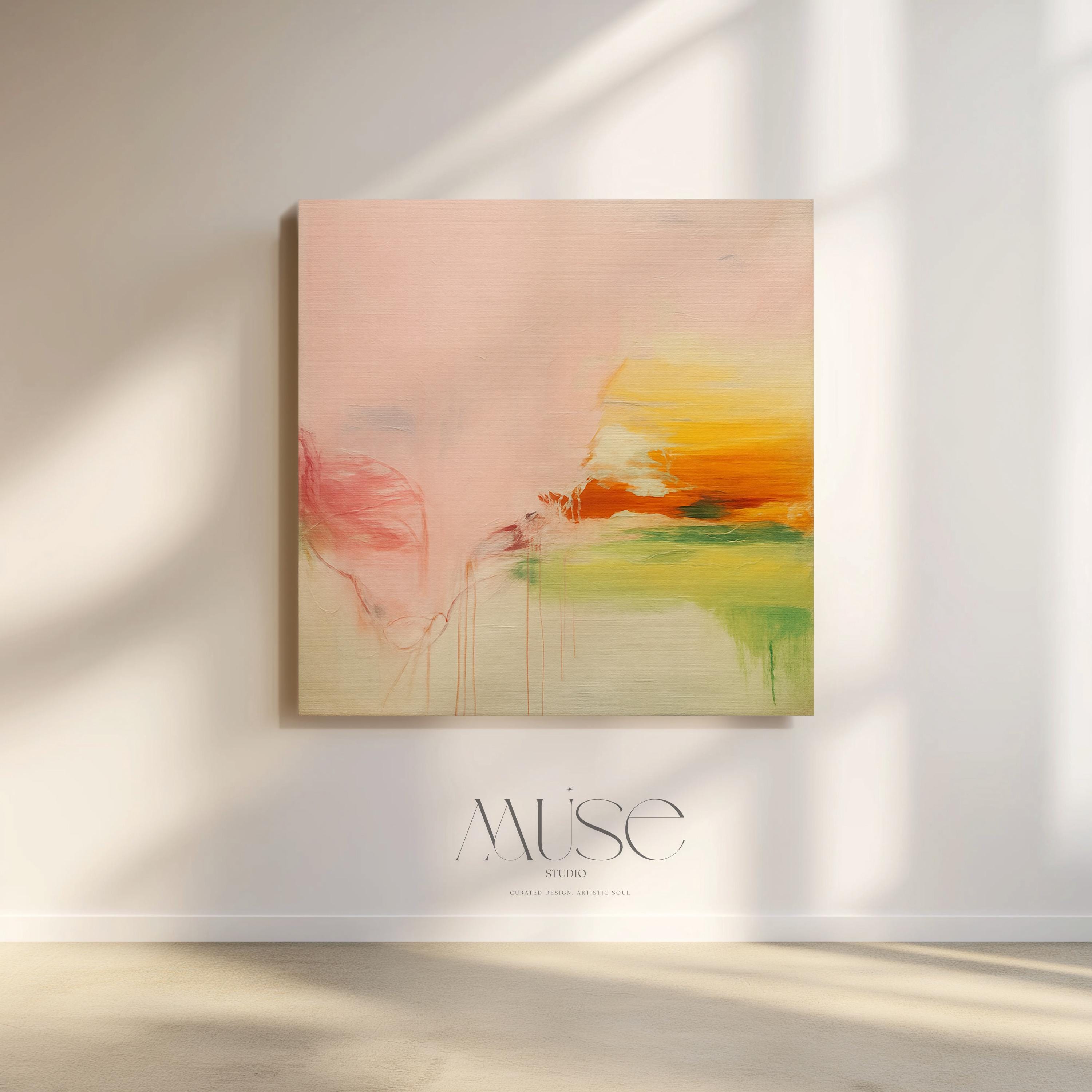 Square abstract wall art in blush pink, peach, golden ochre, and soft green tones with boho and soft contemporary styling. Features subtle painterly drips and blended textures, ideal for bedrooms, living rooms, or calming modern spaces. Available as gallery-wrapped or floater framed canvas by Muse Studio.
