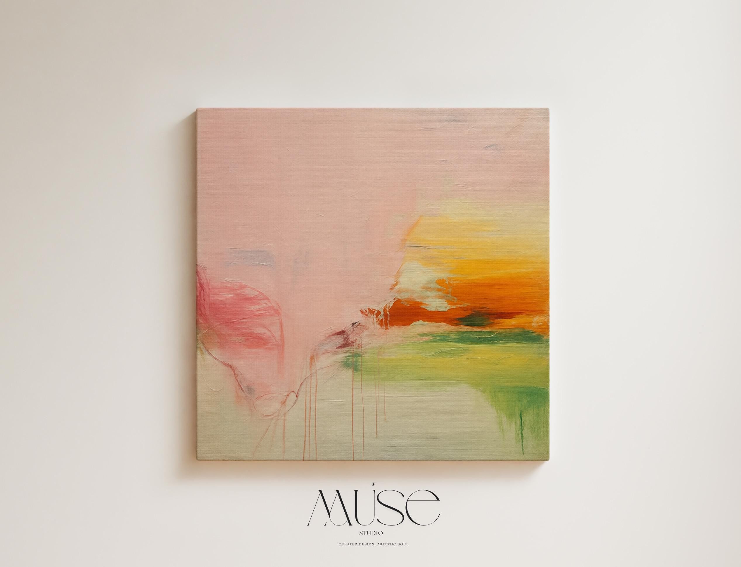 Square abstract wall art in blush pink, peach, golden ochre, and soft green tones with boho and soft contemporary styling. Features subtle painterly drips and blended textures, ideal for bedrooms, living rooms, or calming modern spaces. Available as gallery-wrapped or floater framed canvas by Muse Studio.