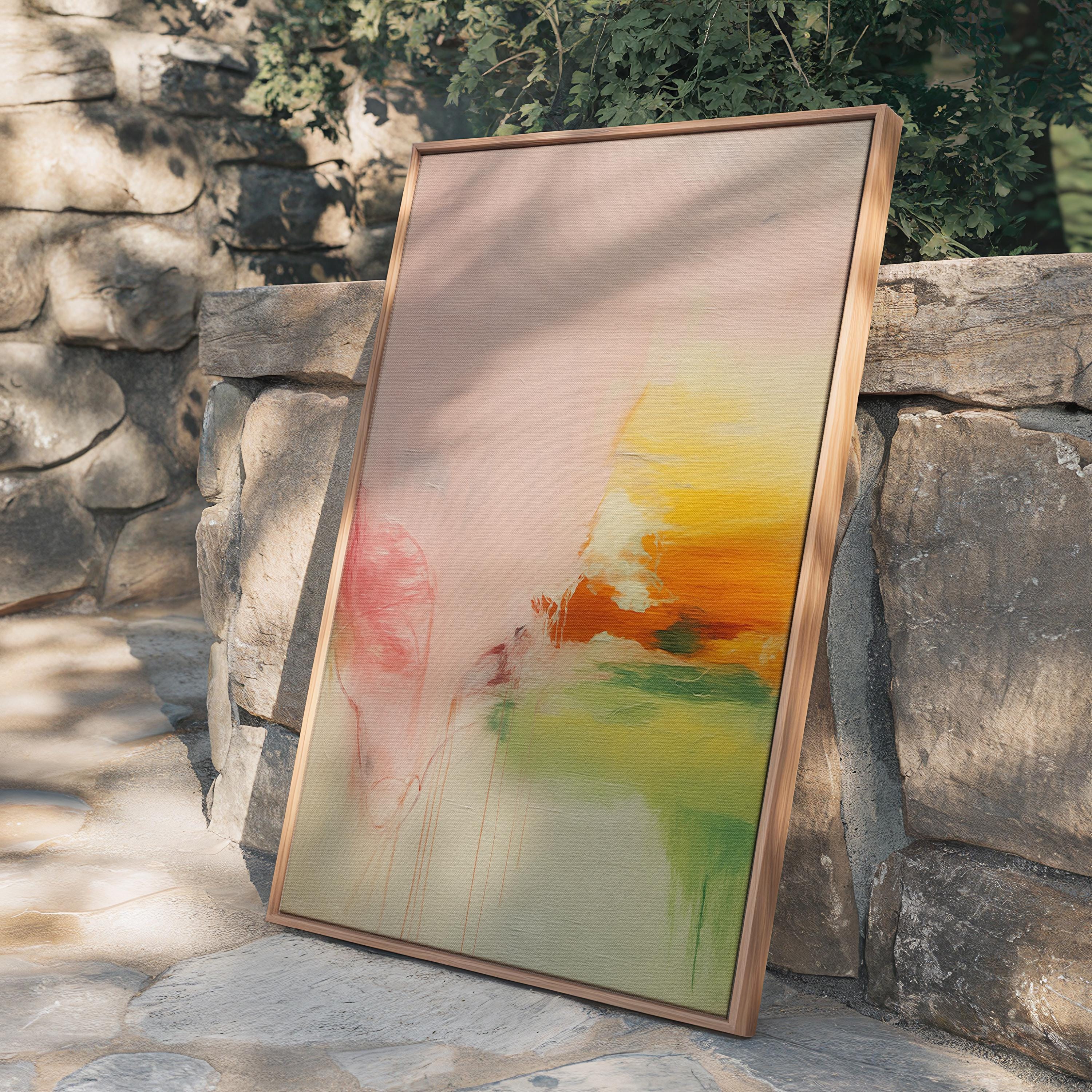 Vertical framed abstract wall art in blush, peach, and golden tones with soft contemporary and warm neutral styling. Features subtle pastel transitions, ideal for bedrooms, living rooms, or wellness interiors. Premium floater framed canvas by Muse Studio.