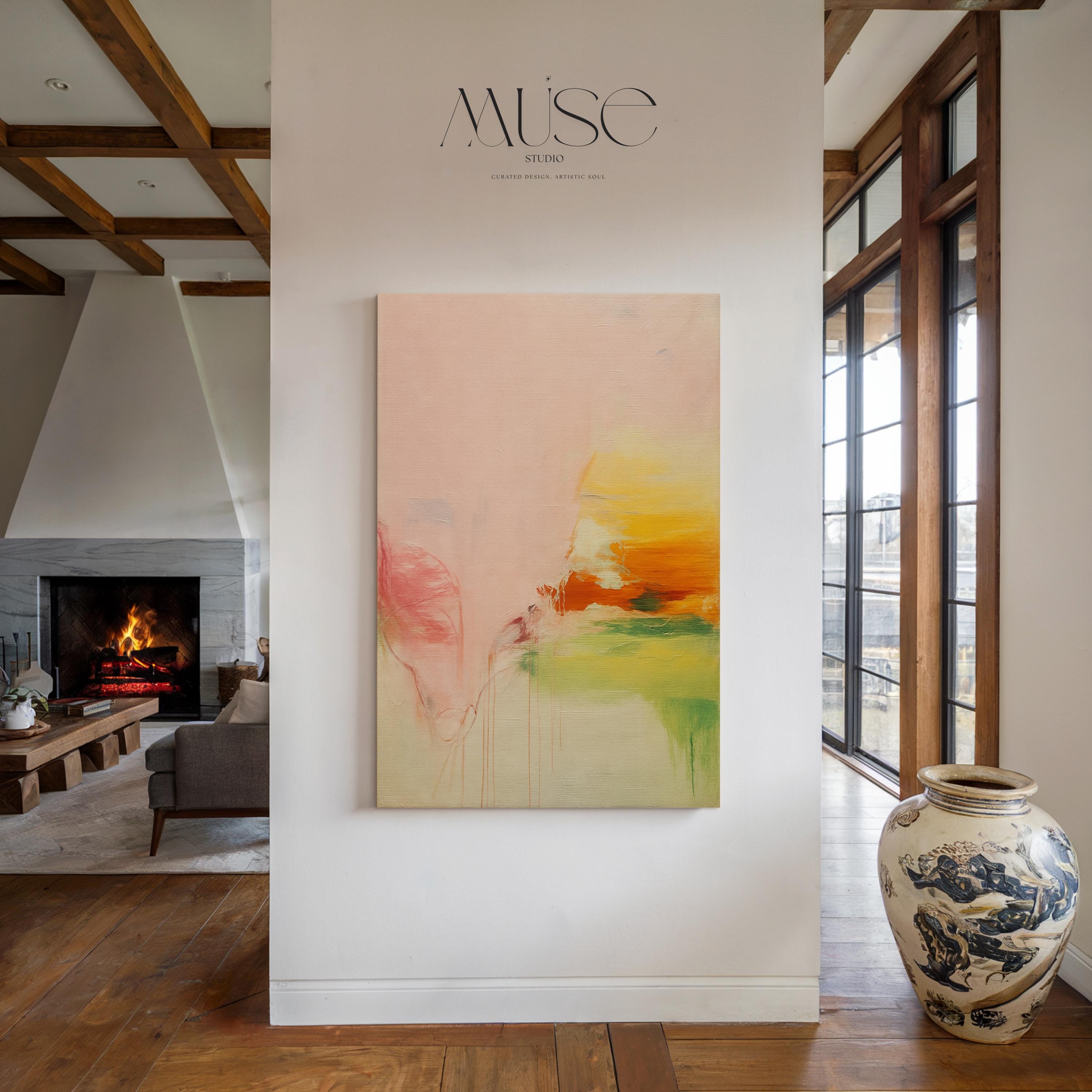 Vertical abstract canvas wall art in blush, peach, and golden pastel tones with soft modern preppy styling. Gentle blends and airy color transitions make it ideal for feminine bedrooms, pastel-inspired interiors, and bright modern spaces. Available as gallery-wrapped or floater framed canvas by Muse Studio.